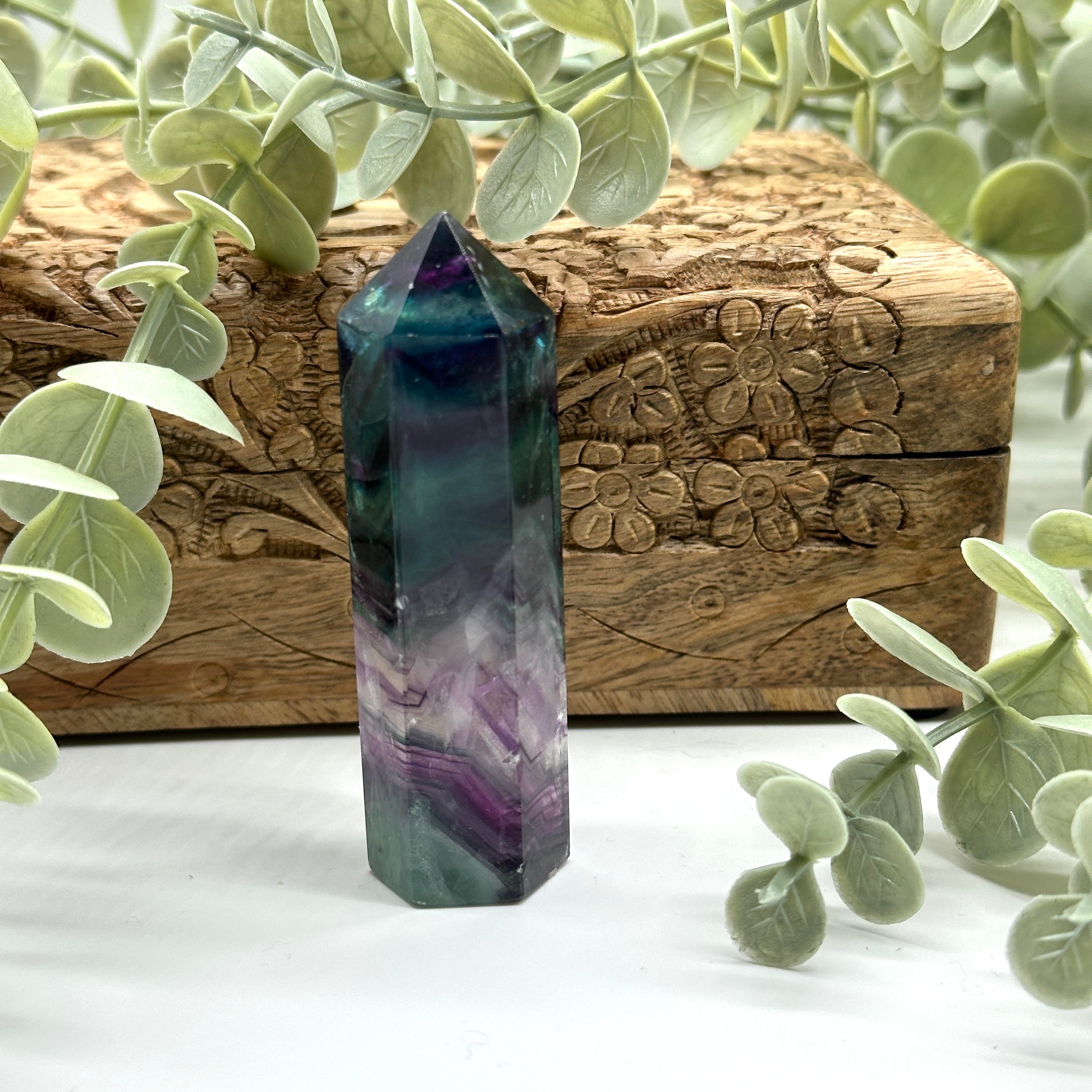 Stunning Purple and Teal Rainbow Fluorite Crystal Tower Carving