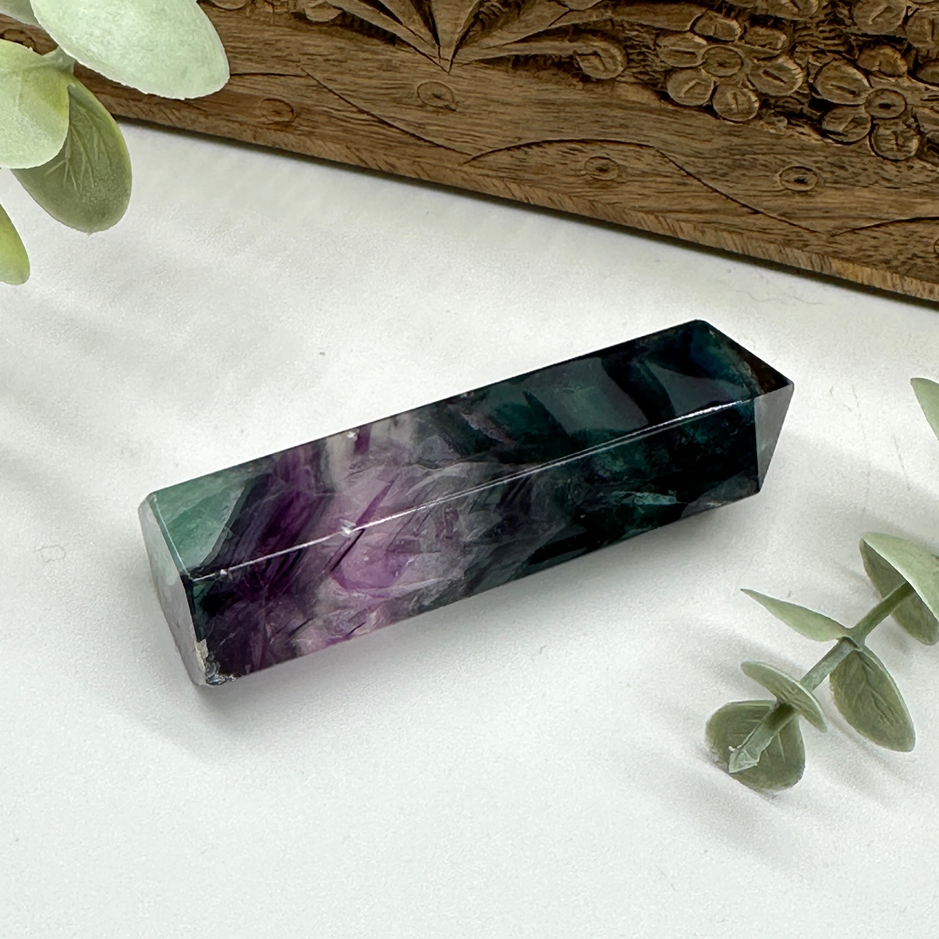 Stunning Purple and Teal Rainbow Fluorite Crystal Tower Carving