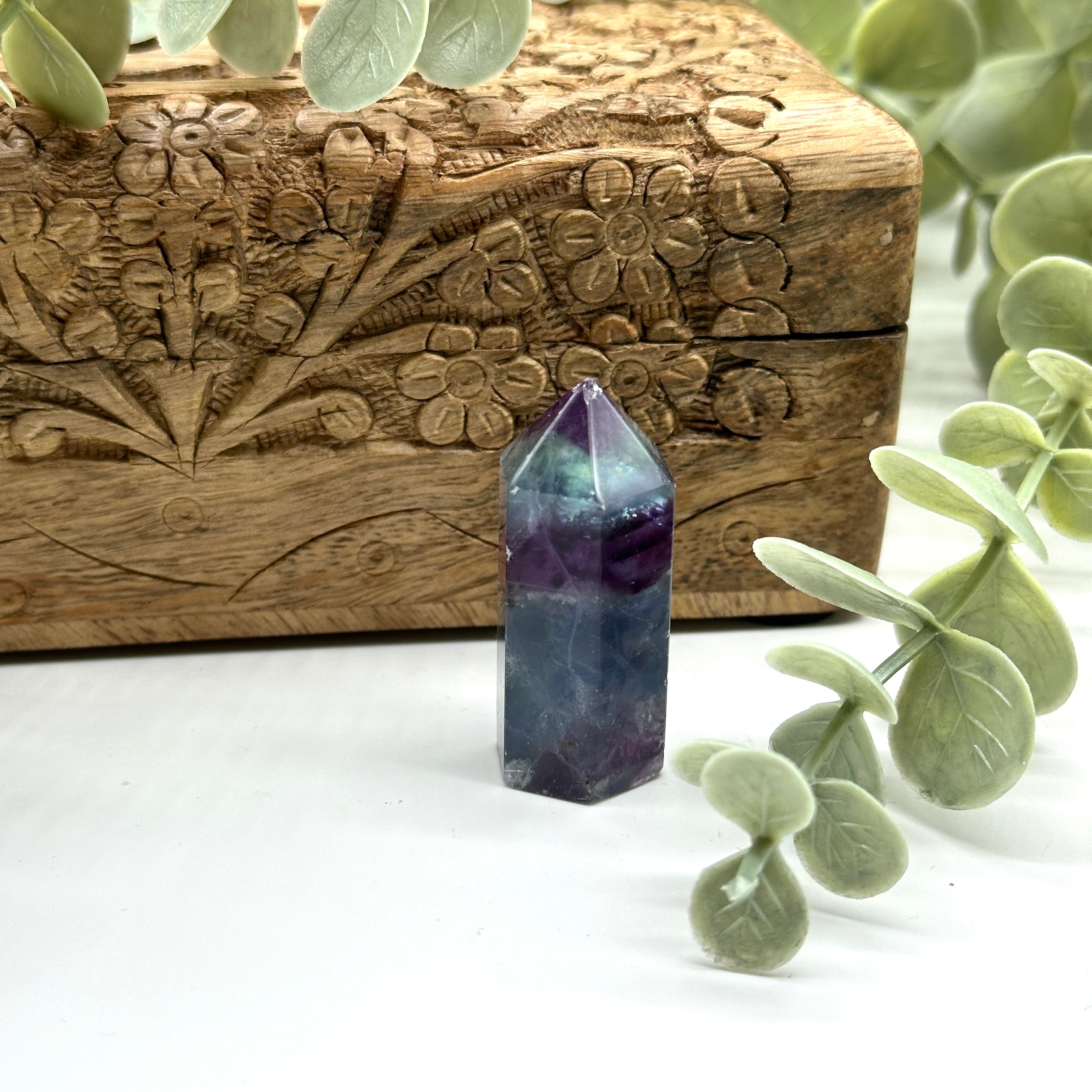 Cute Blue and Purple Fluorite Crystal Tower Carving