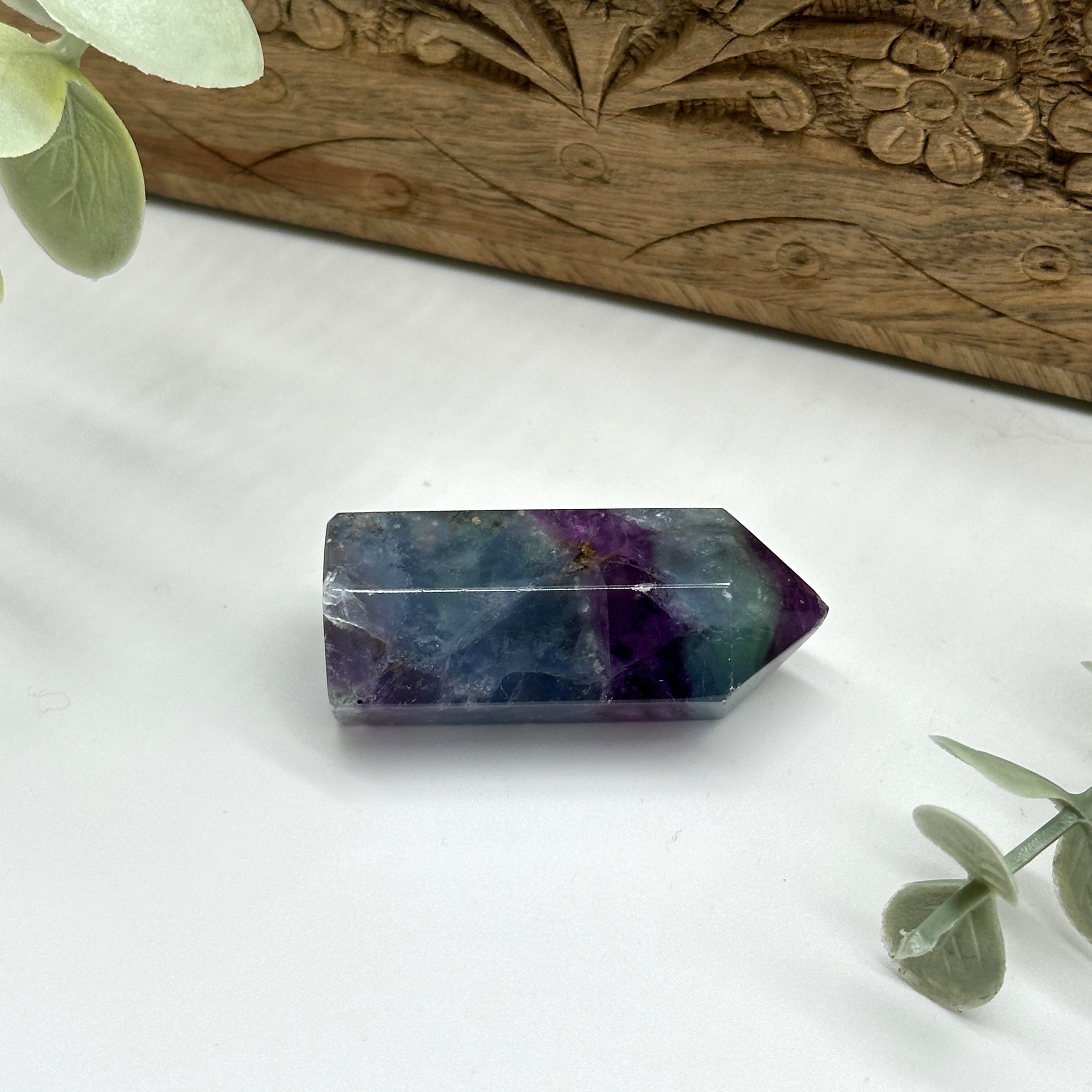 Cute Blue and Purple Fluorite Crystal Tower Carving