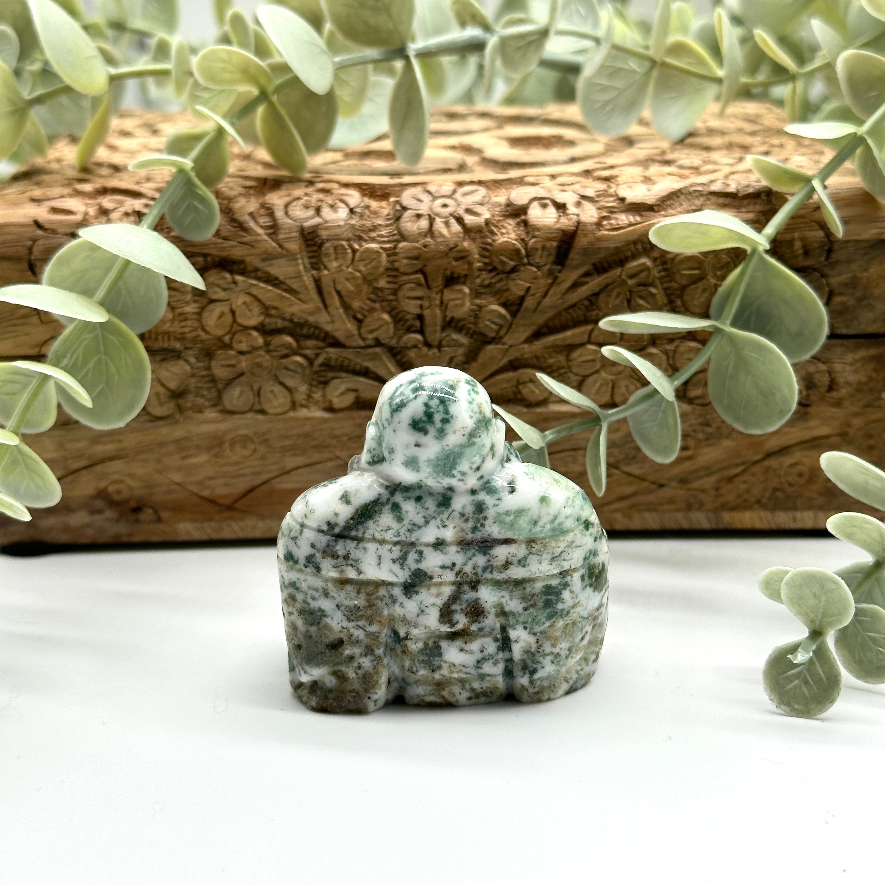 Laughing Buddha Moss Agate Standing Display Carving