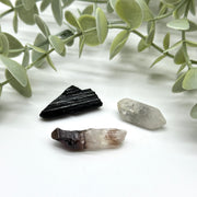 Grounding Set of Gemstones - Black Tourmaline, Double Terminated Tibetan Quartz, and Smoky Amethyst Crystal Point