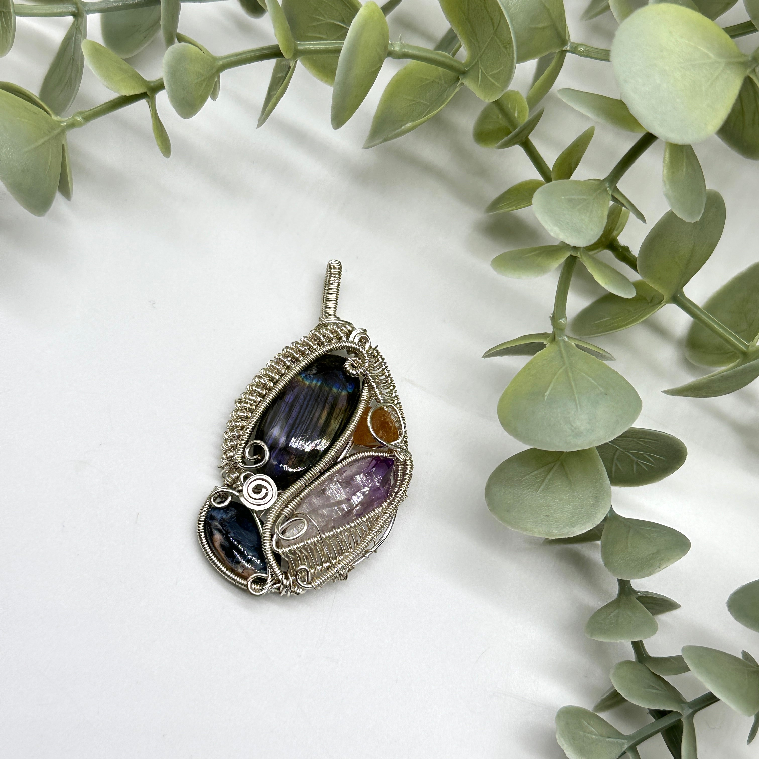 Gorgeous Gemstone Pendant with Labradorite, Gemmy Amethyst, Blue Kyanite, and Golden Topaz (Silver Chain Included)