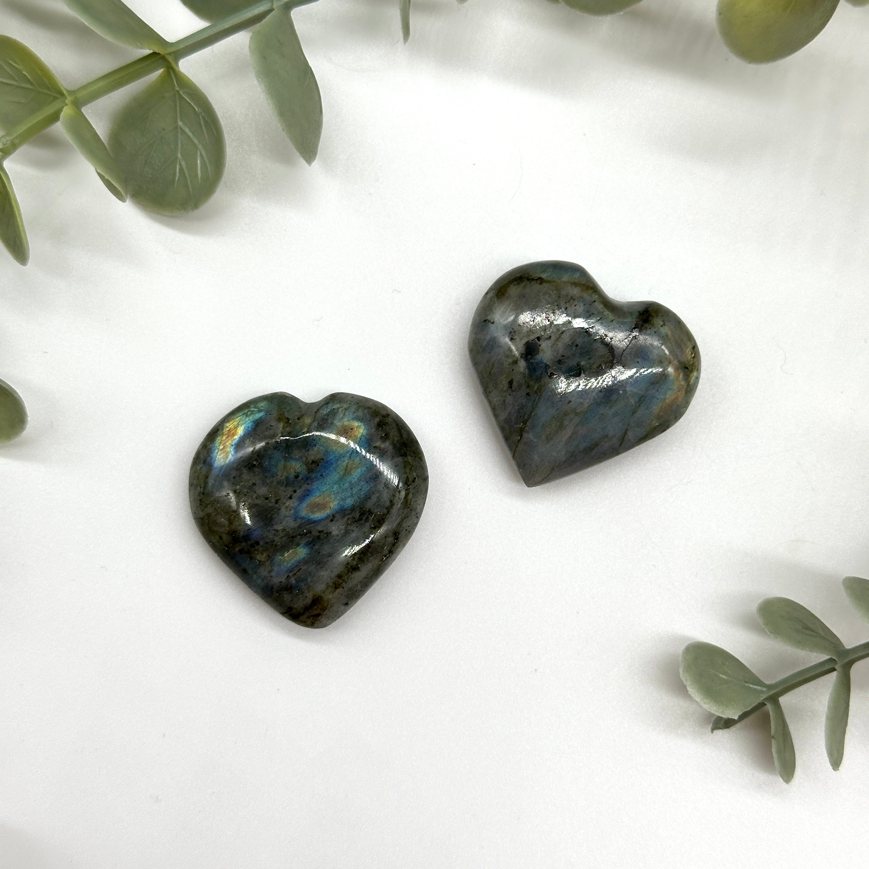 Set of Two Dreamy Labradorite Flashy Crystal Hearts