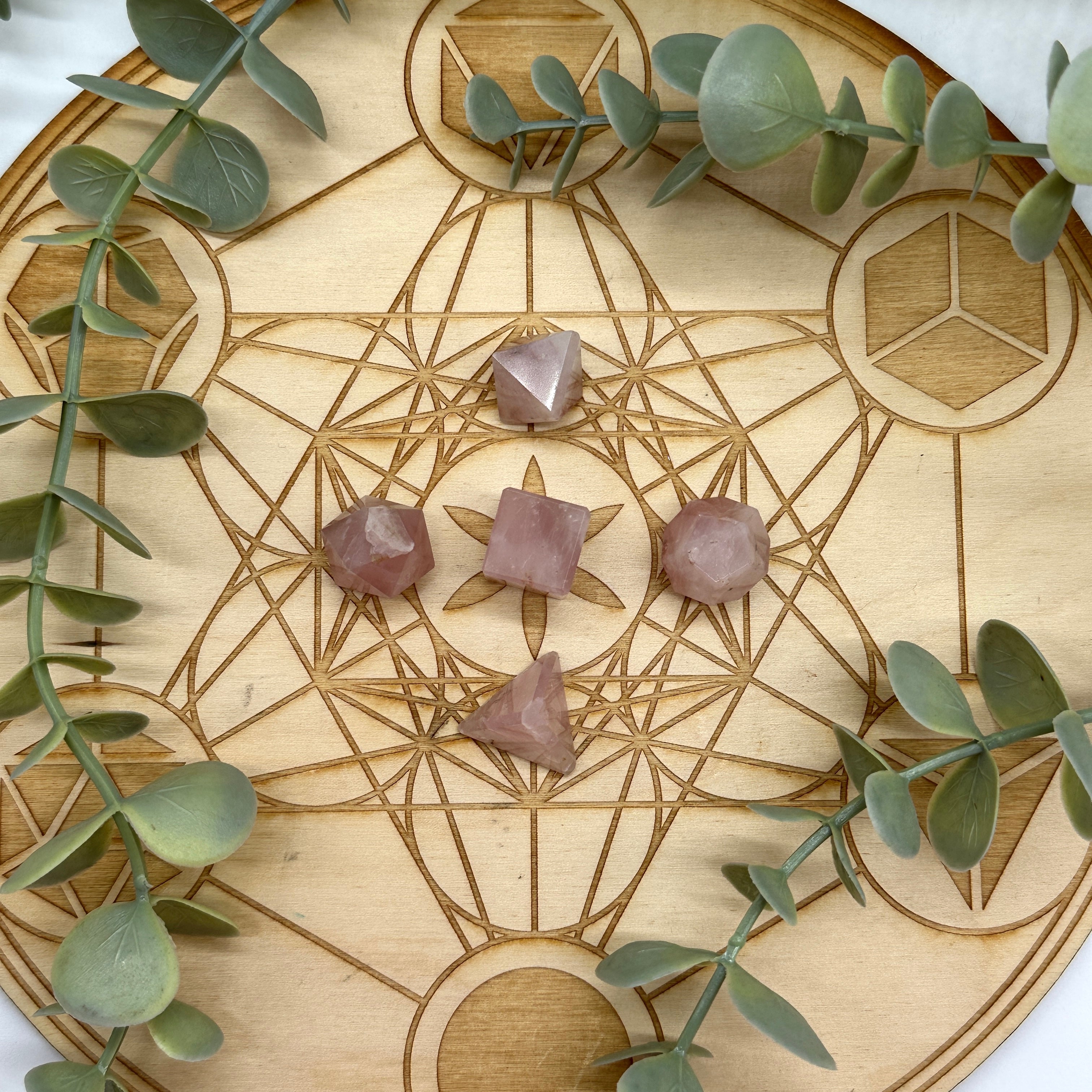 Rose Quartz Crystal Platonic Solids Geometric Carving Set for Crystal Grids