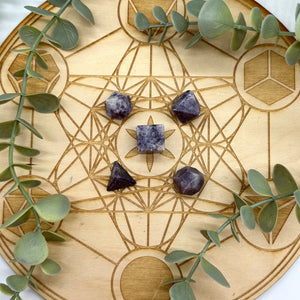 Lepidolite Geometric Stone Carving Set of Platonic Solids for Crystal Grids