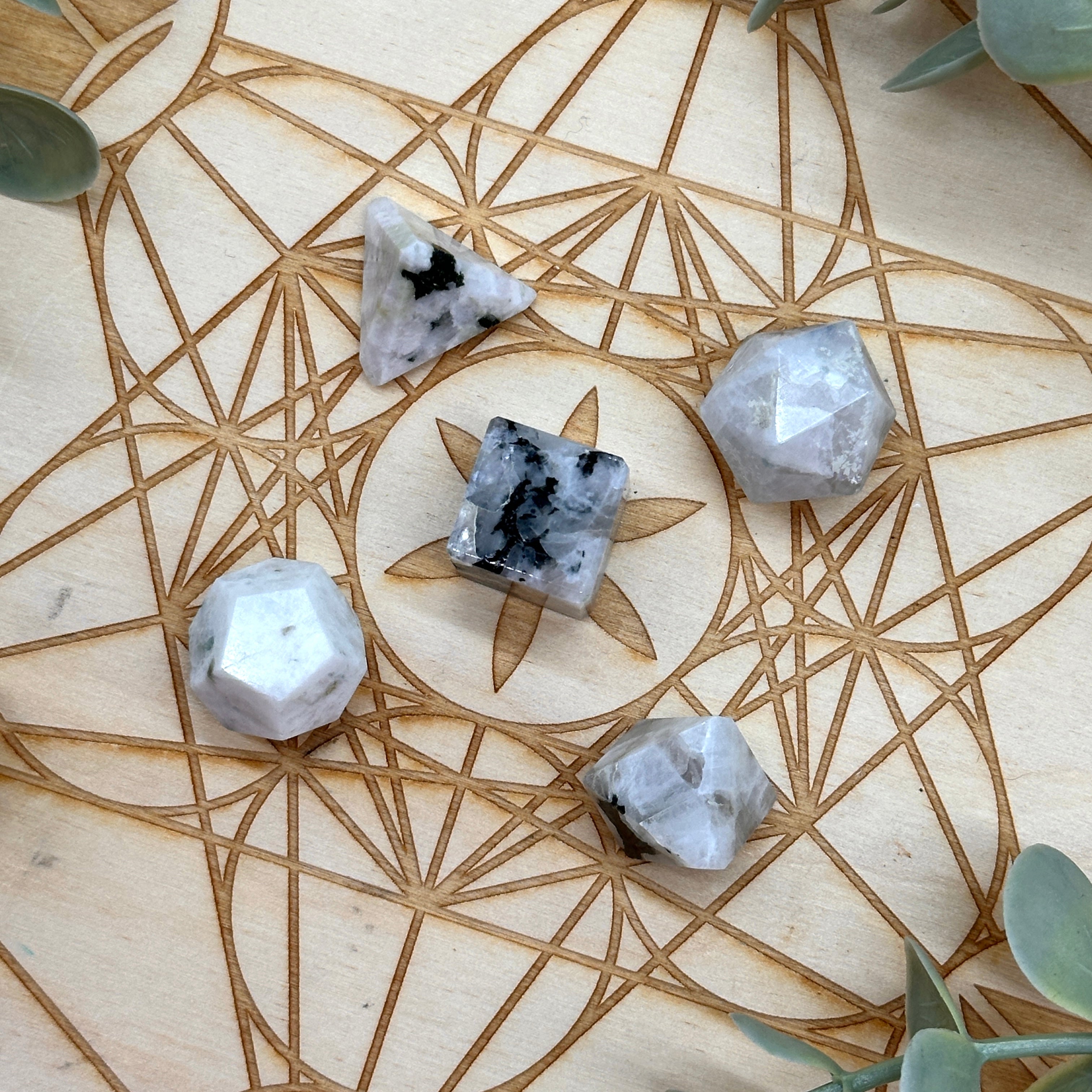 Lunar Vibes Moonstone Carving Set of Platonic Solids for Crystal Grids
