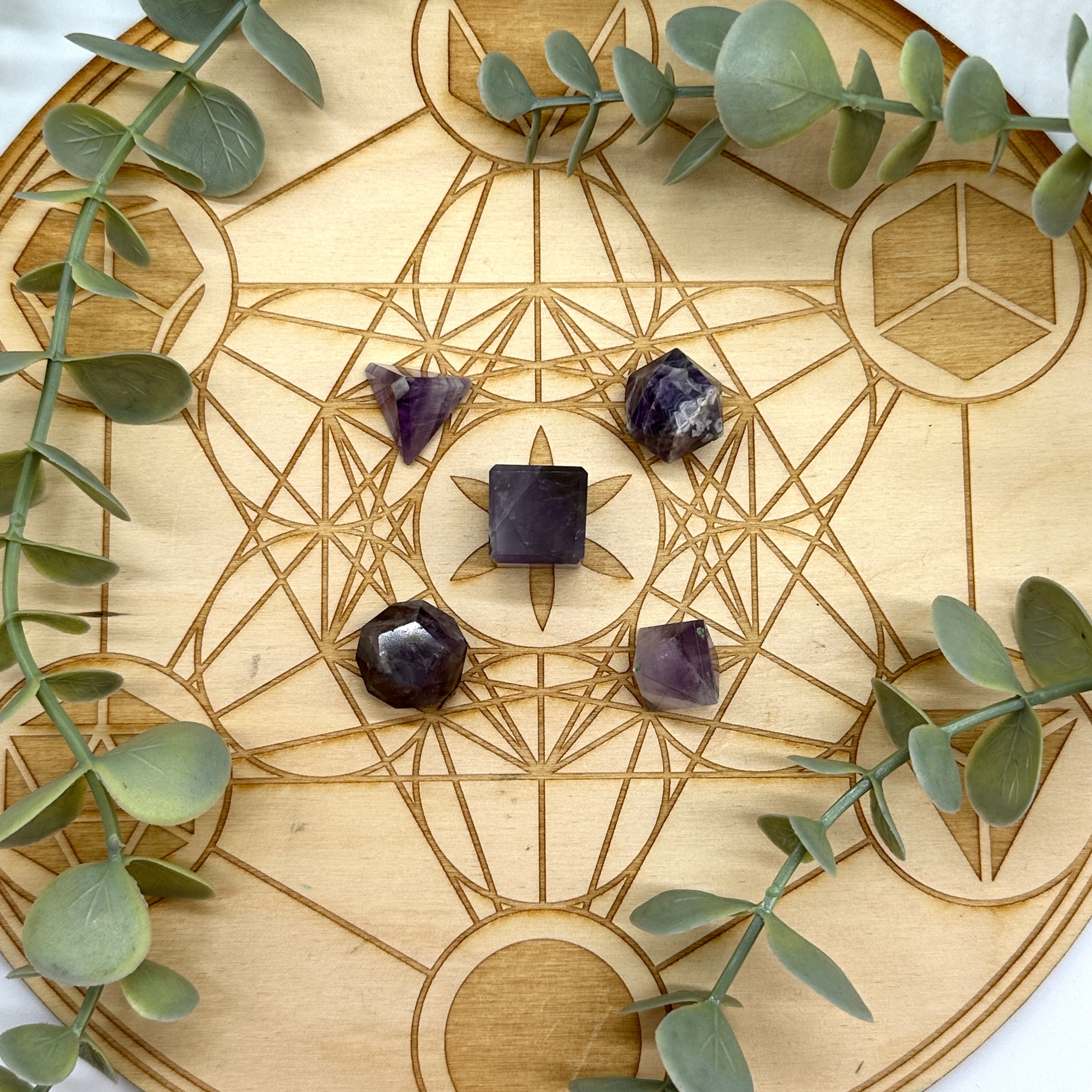 Purple Amethyst Geometric Stone Carving Set of Platonic Solids for Crystal Grids