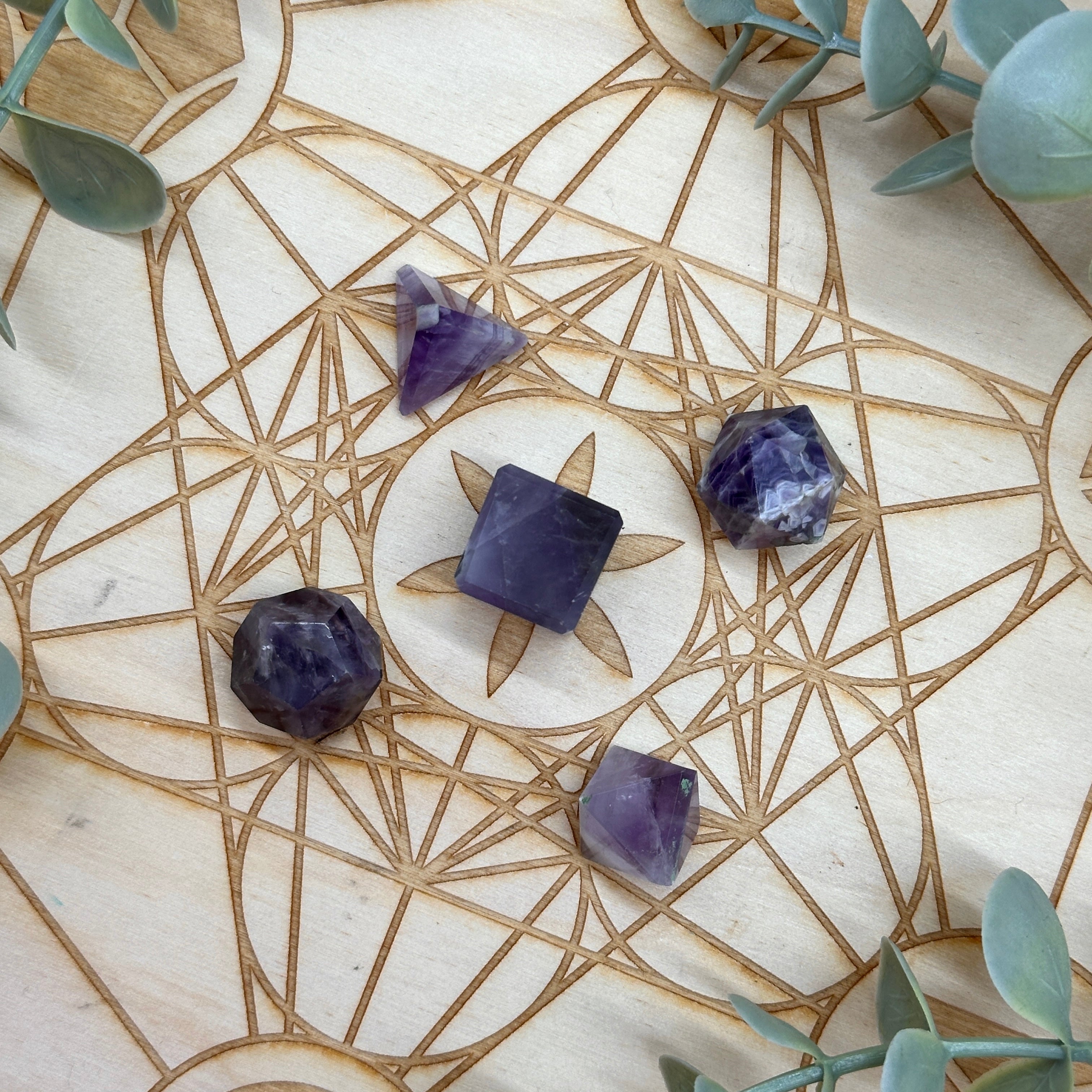 Purple Amethyst Geometric Stone Carving Set of Platonic Solids for Crystal Grids