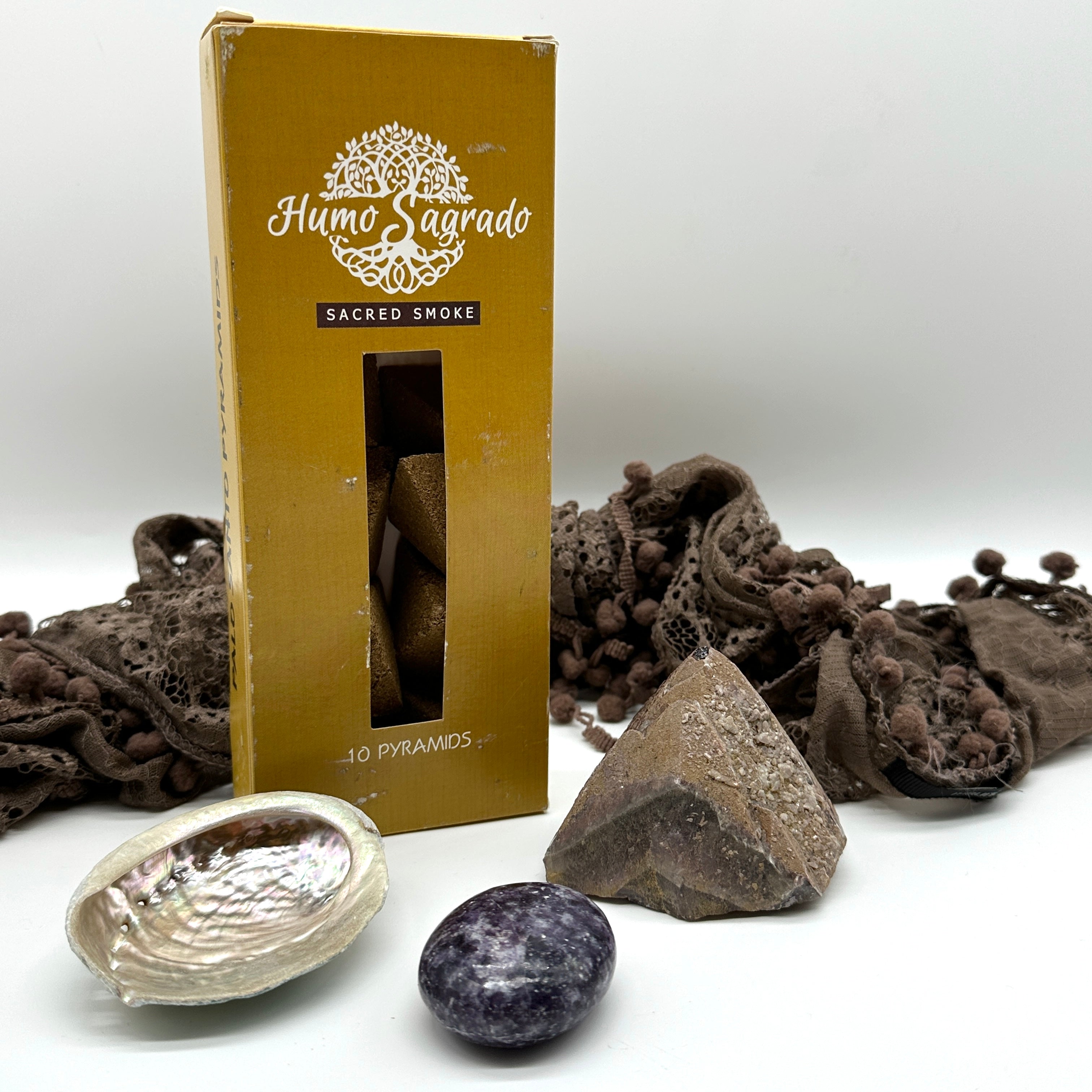 Meditation Kit - Includes Auralite 23 Point, Lepidolite Palm Stone, Palo Santo Pyramids with Abalone Shell