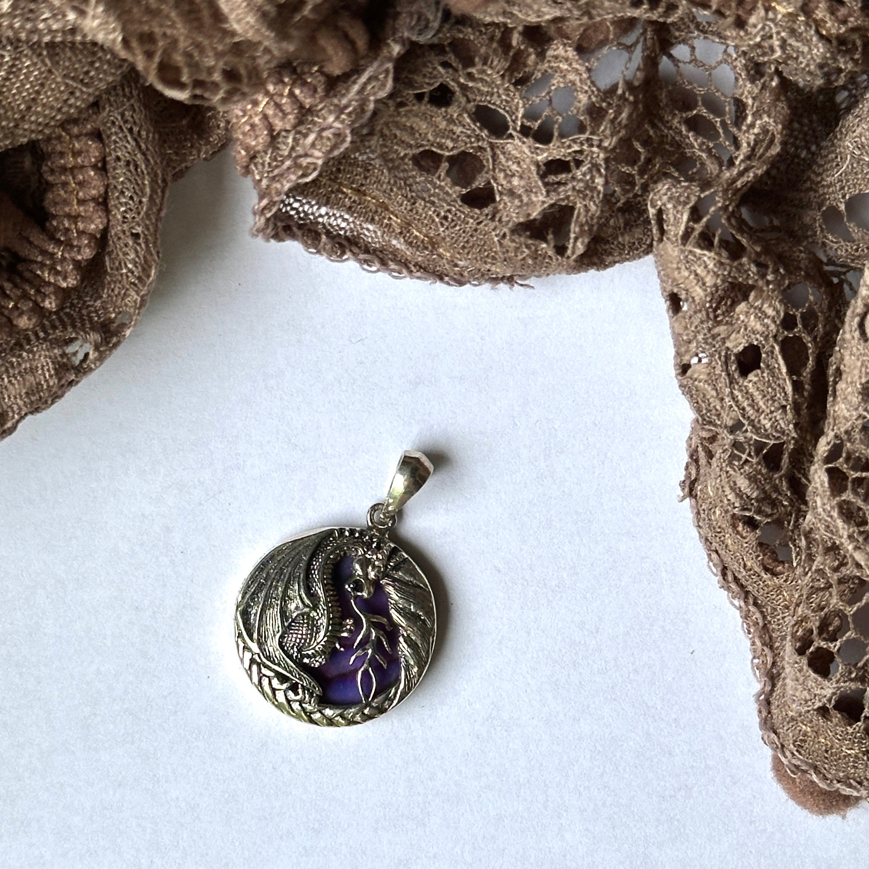 Sterling Silver Dragon with Purple Abolone Pendant