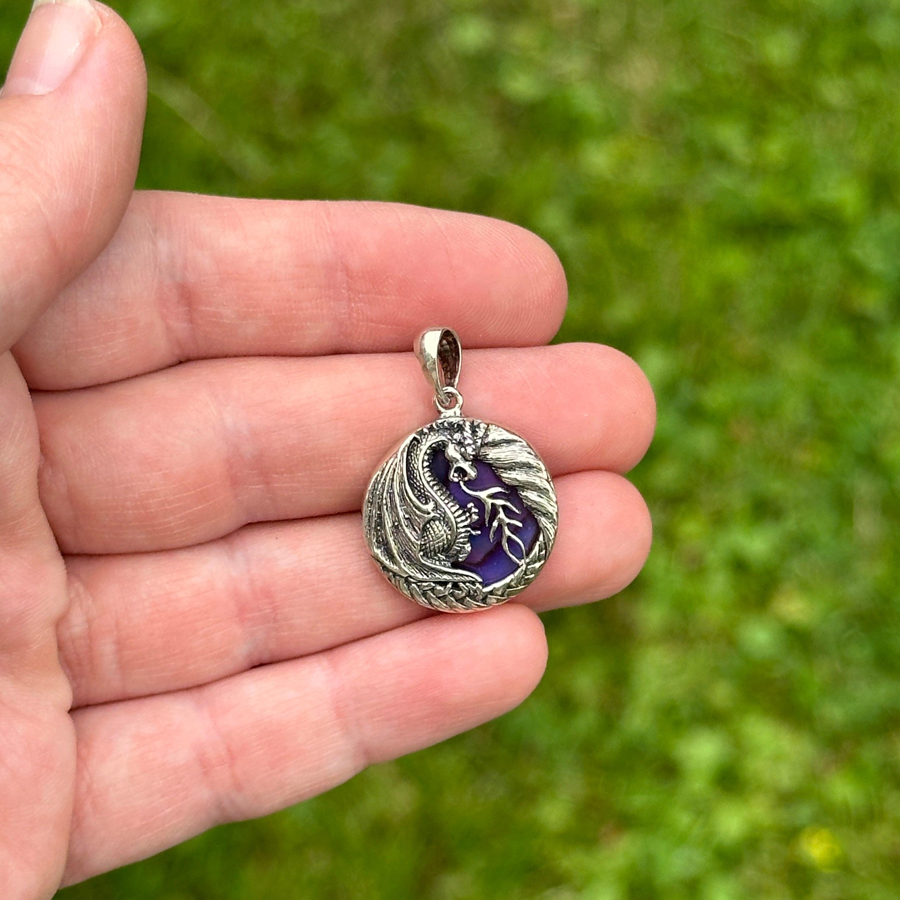 Sterling Silver Dragon with Purple Abolone Pendant