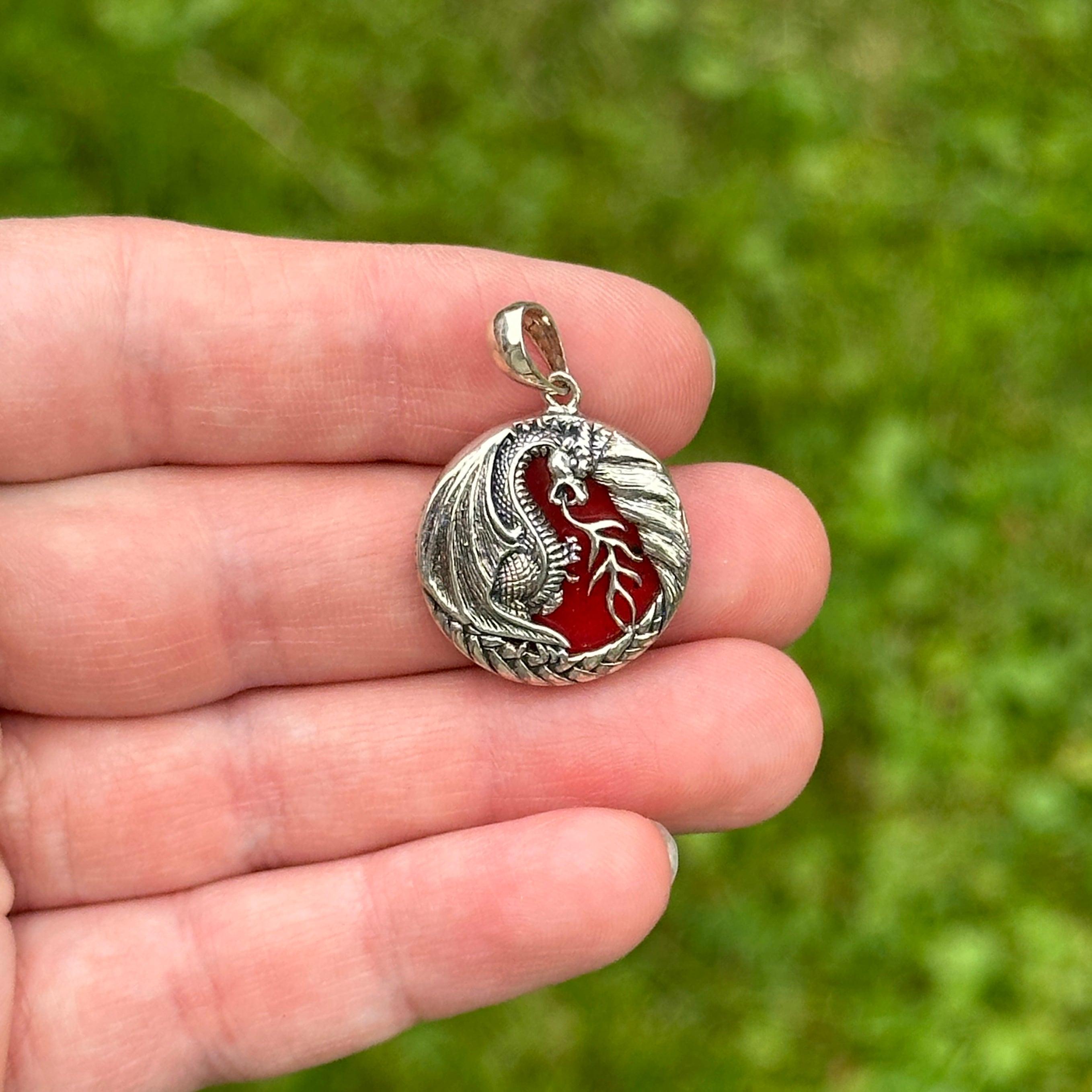 Sterling Silver Dragon with Red Abalone Shell Red Pendant