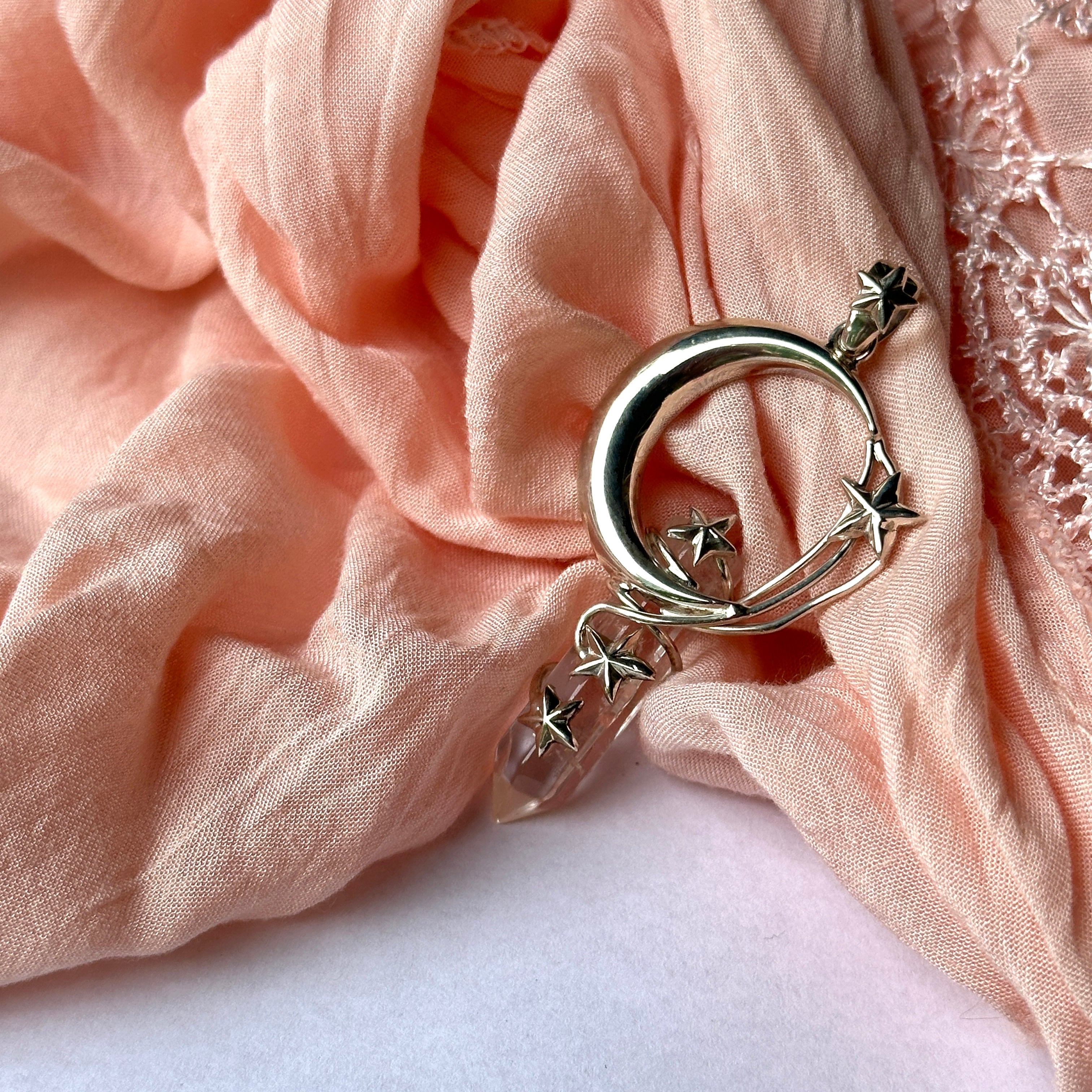 Clear Quartz with Sterling Silver Moon and Stars Pendant