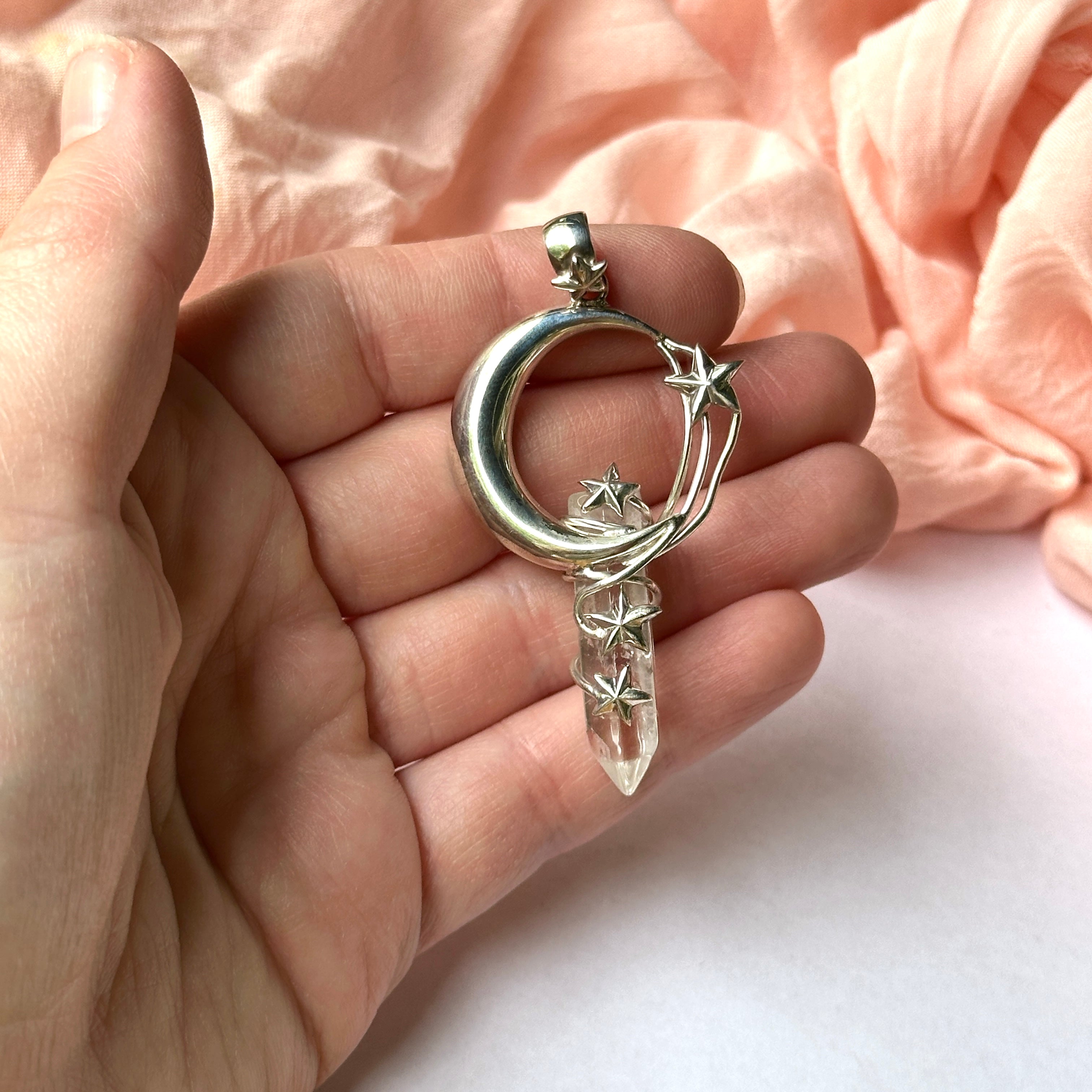 Clear Quartz with Sterling Silver Moon and Stars Pendant