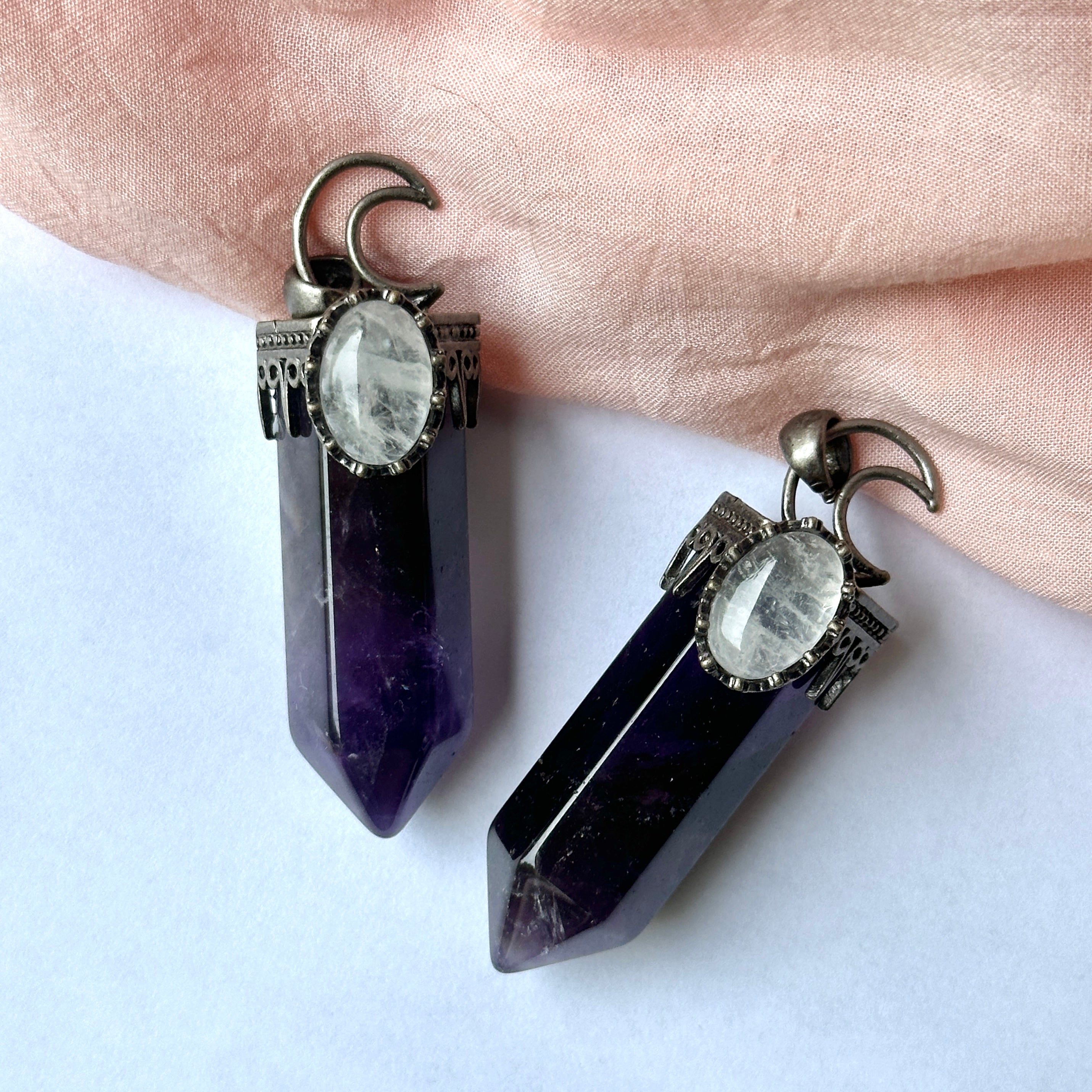Mystical Moon Amethyst Pendant with Quartz Accent - Gemstone Pendants