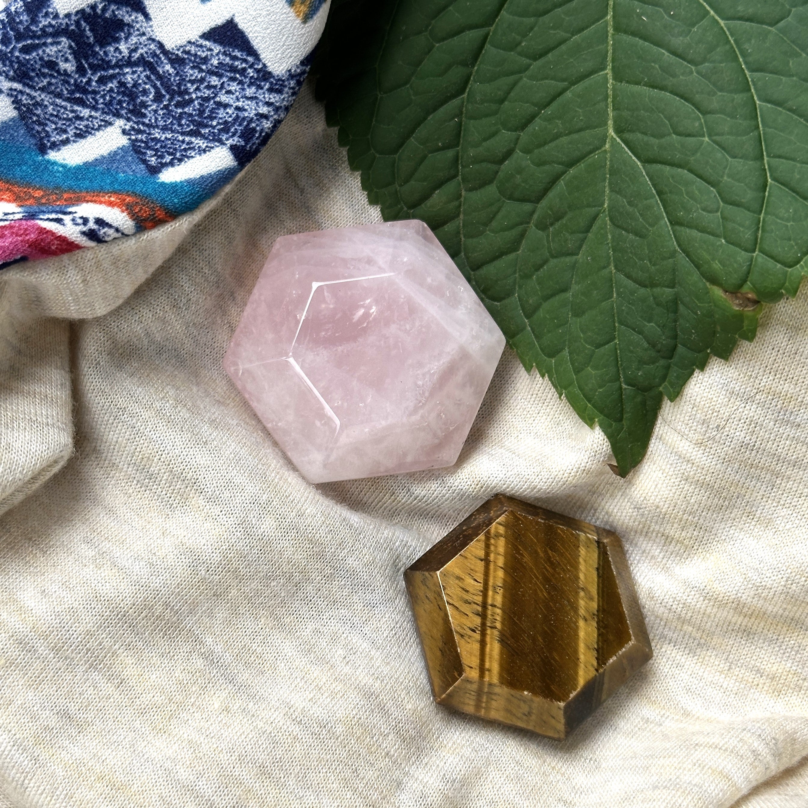 Crystal Set - Tiger's Eye and Rose Quartz Hexagon Carvings - Perfect for Crystal Grids!