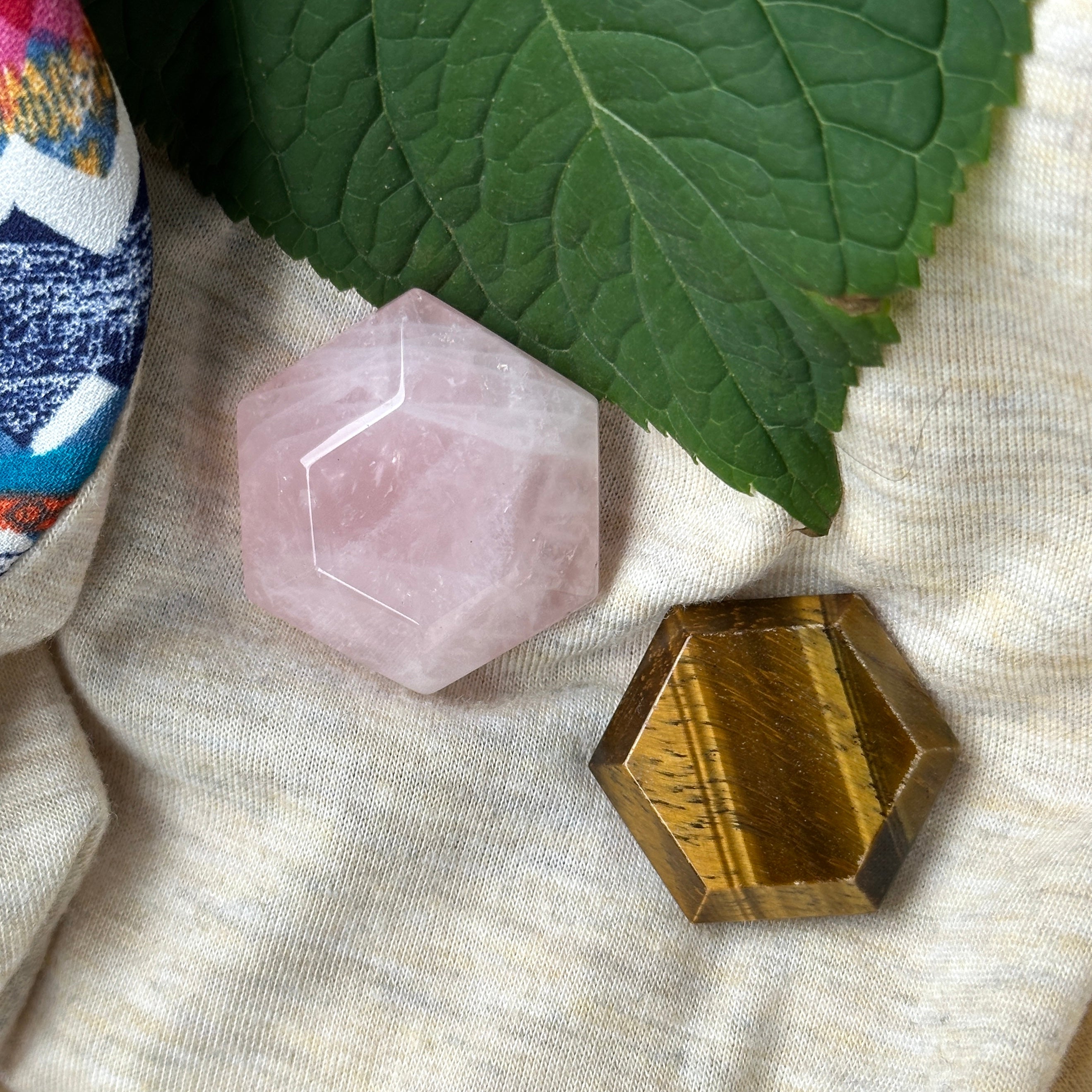 Crystal Set - Tiger's Eye and Rose Quartz Hexagon Carvings - Perfect for Crystal Grids!