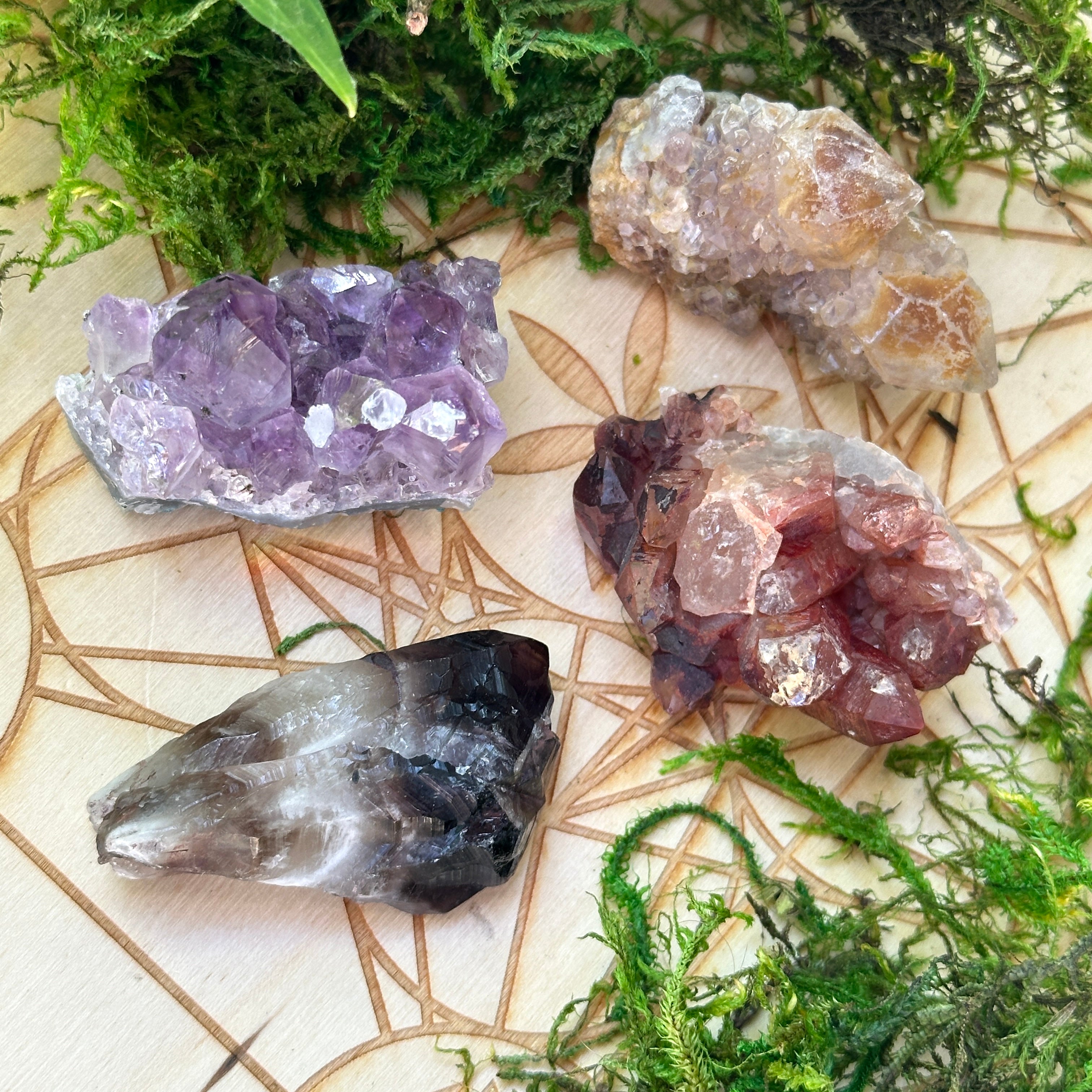 4 Piece Crystal Set for Harnessing Your Passion ~ Pineapple Quartz Point, Hematoid Cluster, Amethyst Cluster with Calcite, Smoky Amethyst Point with Hematoid Cap