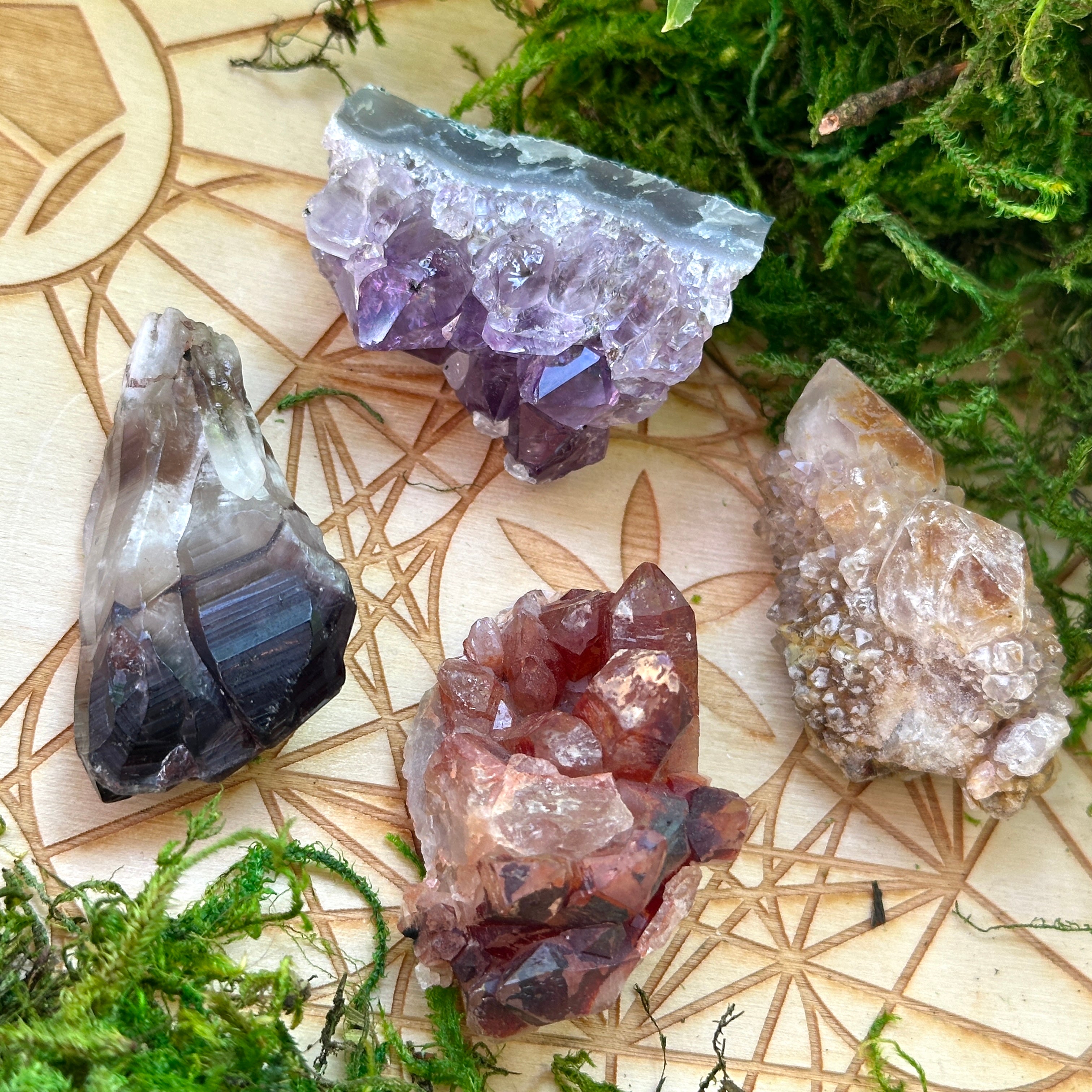 4 Piece Crystal Set for Harnessing Your Passion ~ Pineapple Quartz Point, Hematoid Cluster, Amethyst Cluster with Calcite, Smoky Amethyst Point with Hematoid Cap