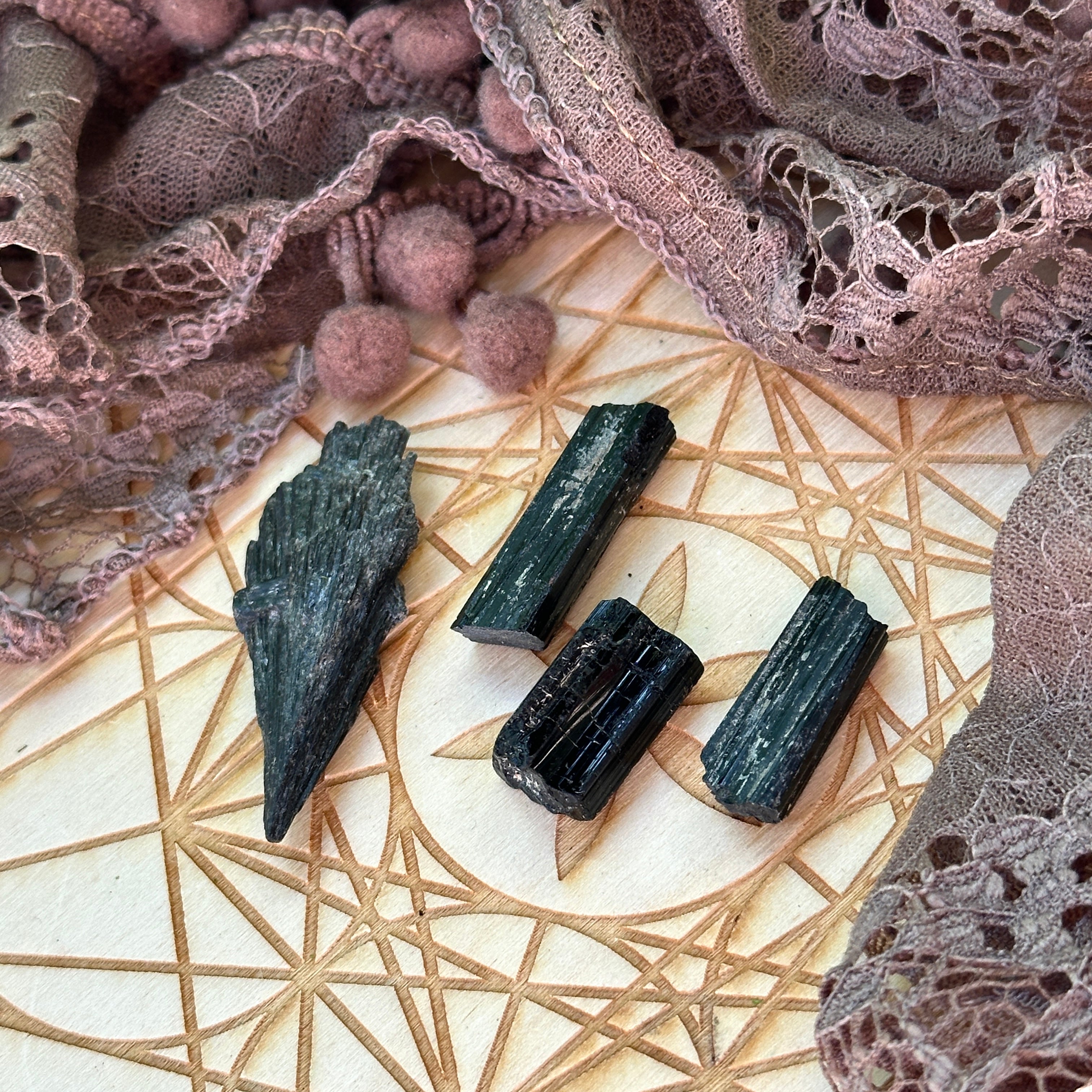 Black Crystal Set of 4 ~ Black Kyanite and Grade A Black Tourmaline ~ Perfect for Crystal Grids