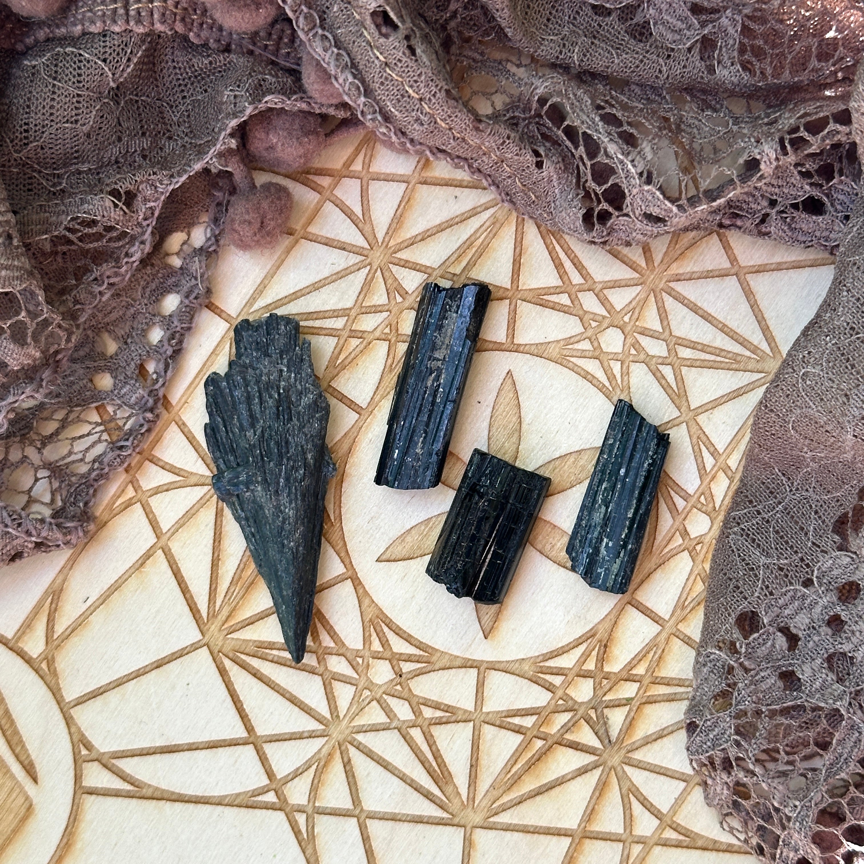 Black Crystal Set of 4 ~ Black Kyanite and Grade A Black Tourmaline ~ Perfect for Crystal Grids