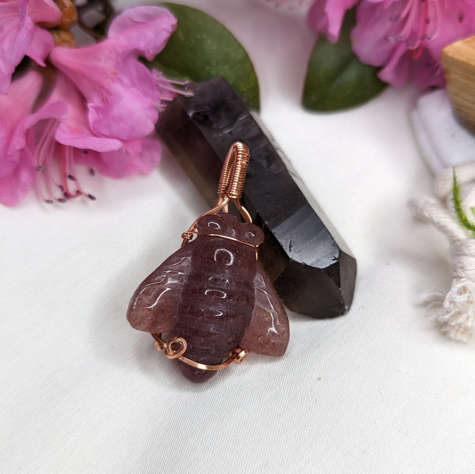 Copper Wire Wrapped Strawberry Quartz Bee Pendant~ Includes Necklace Cord - Earth Family Crystals