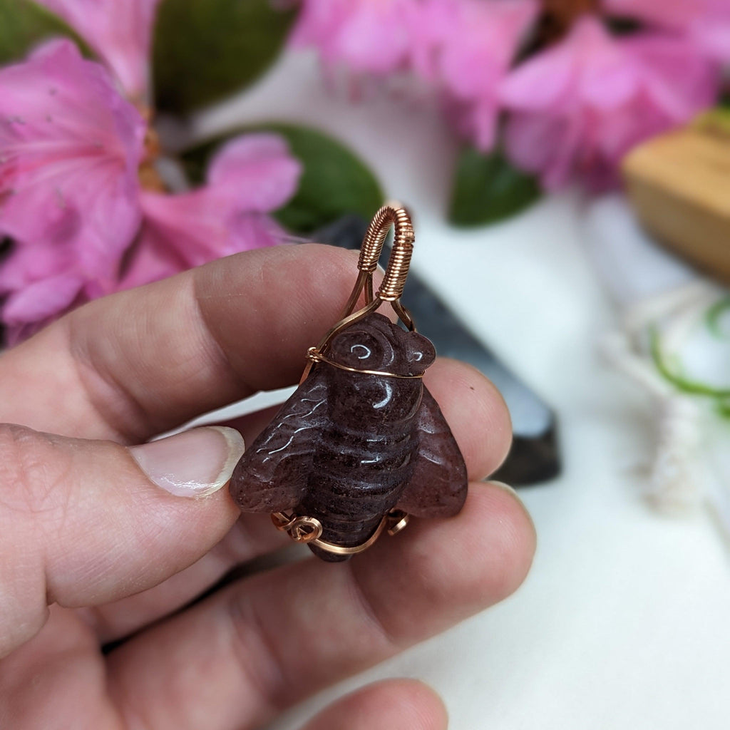 Copper Wire Wrapped Strawberry Quartz Bee Pendant~ Includes Necklace Cord - Earth Family Crystals
