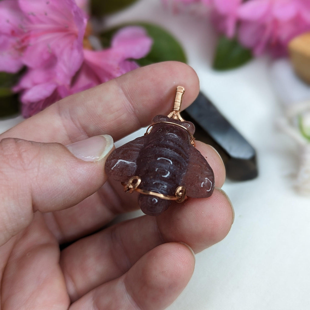 Copper Wire Wrapped Strawberry Quartz Bee Pendant~ Includes Necklace Cord - Earth Family Crystals