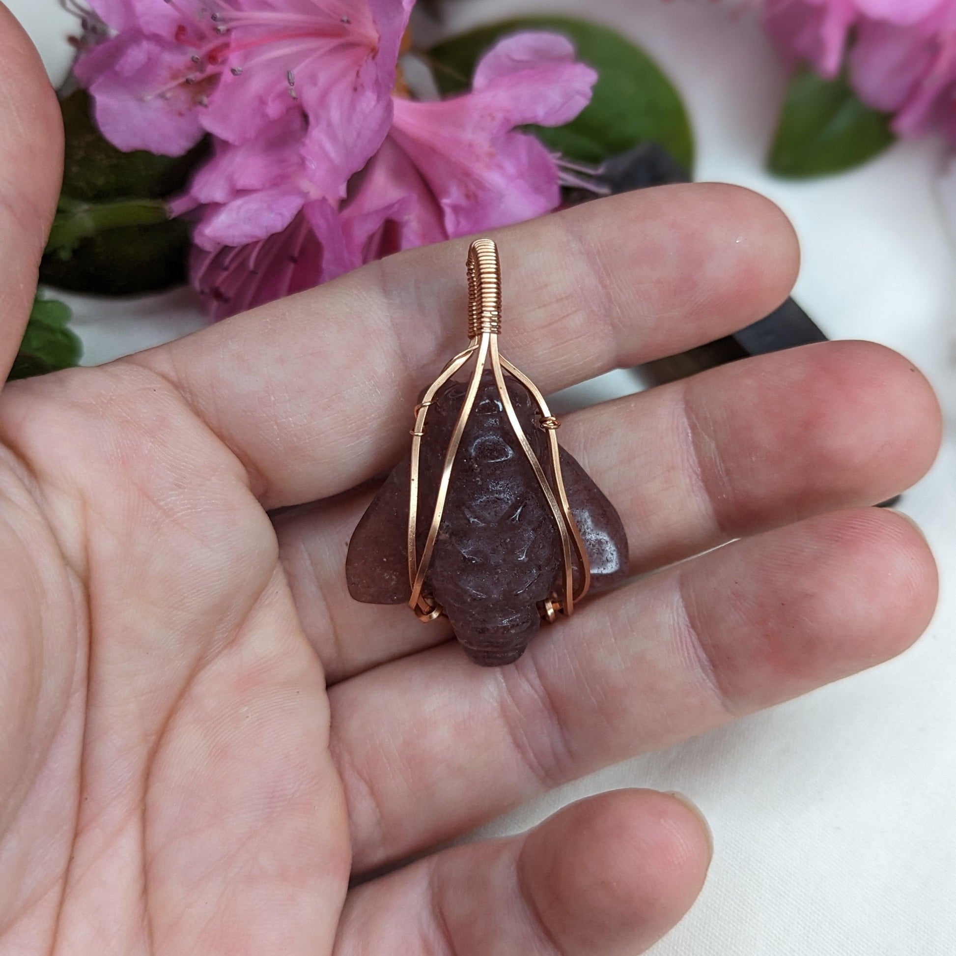 Copper Wire Wrapped Strawberry Quartz Bee Pendant~ Includes Necklace Cord - Earth Family Crystals