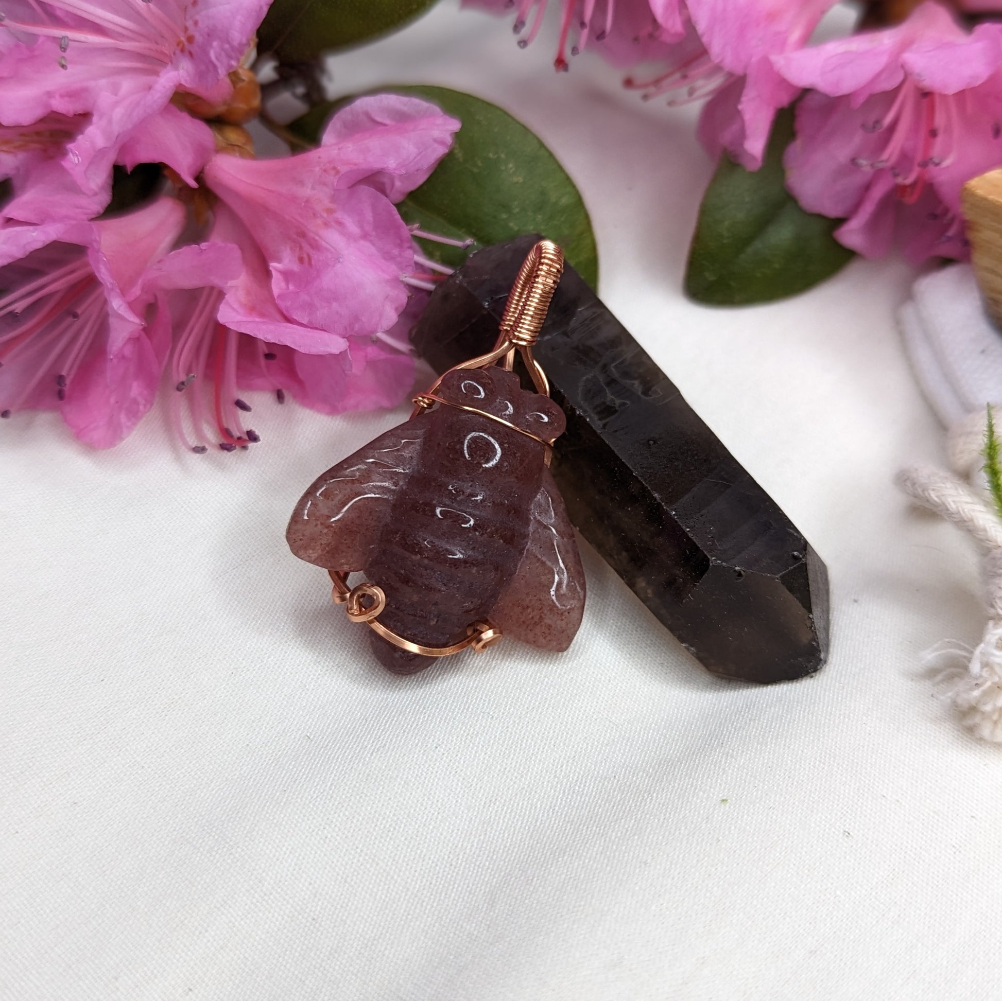 Copper Wire Wrapped Strawberry Quartz Bee Pendant~ Includes Necklace Cord - Earth Family Crystals