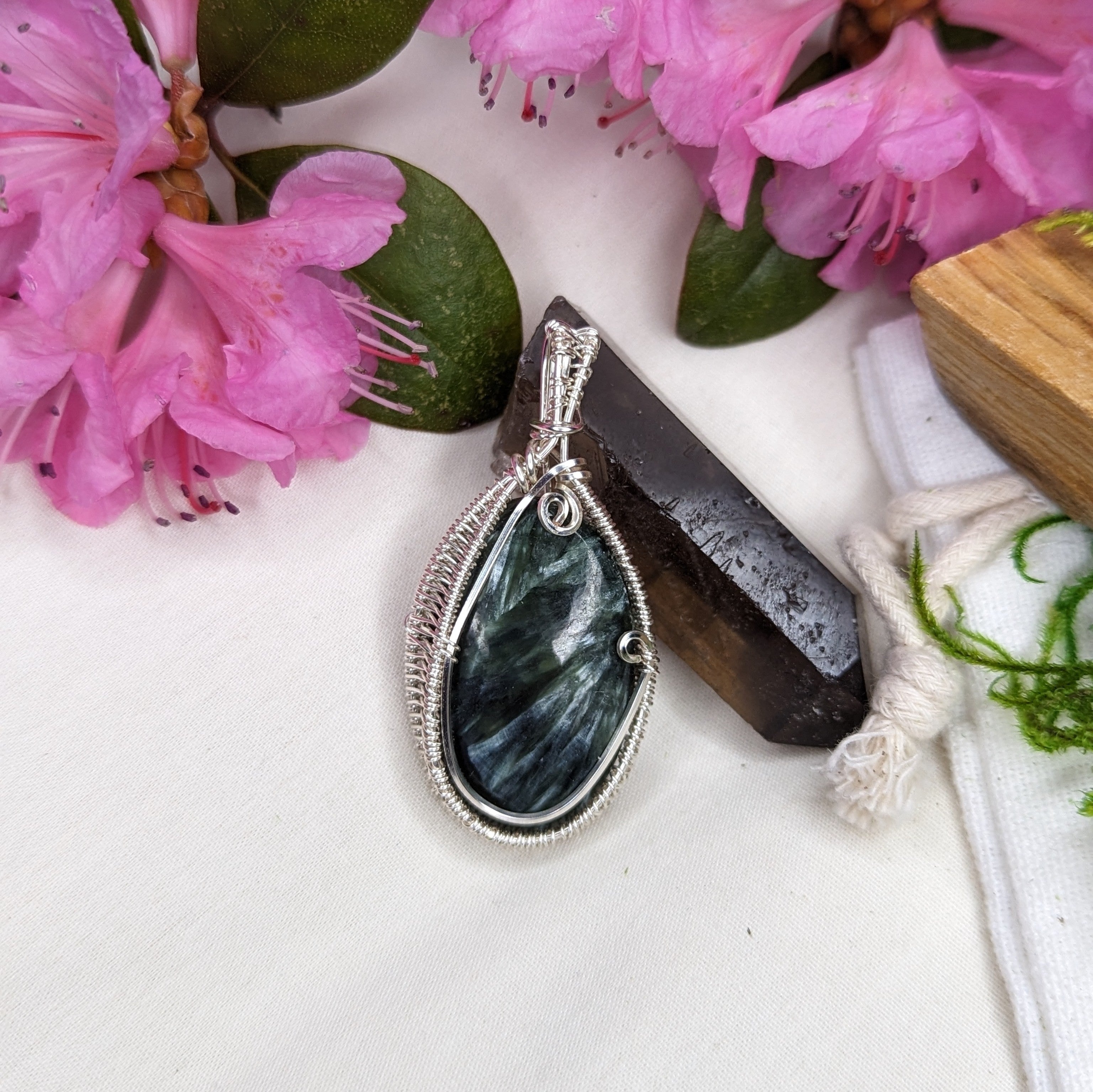 Seraphinite Pendant ~ Wire Wrapped ~ Includes Silver Chain - Earth Family Crystals