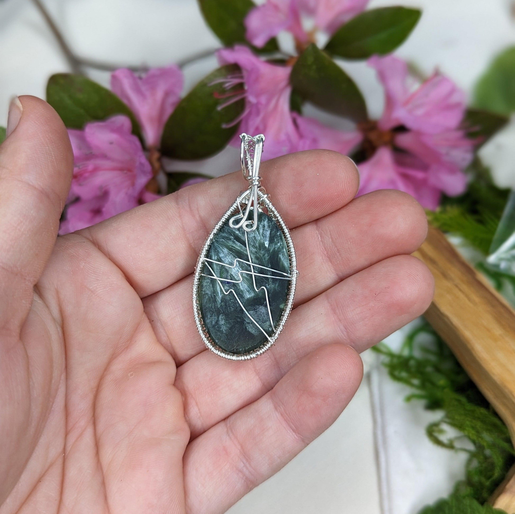 Seraphinite Pendant ~ Wire Wrapped ~ Includes Silver Chain - Earth Family Crystals