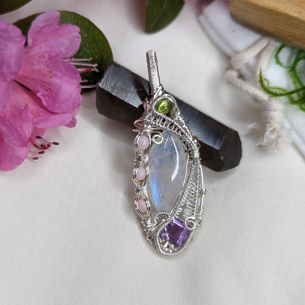 Gorgeous Moonstone Pendant with Peridot, Amethyst and Pink Opal ~ Wire Wrapped ~ Includes Silver Chain - Earth Family Crystals