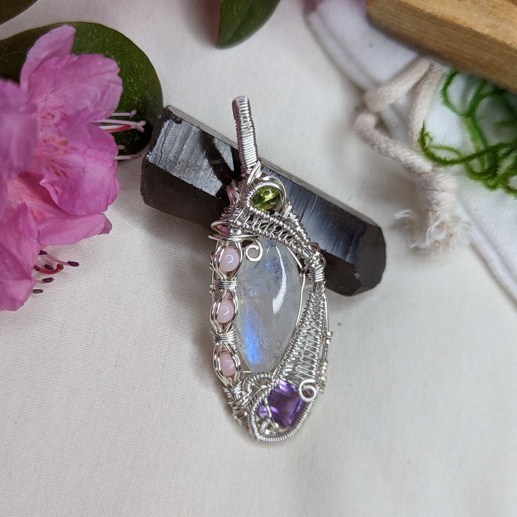 Gorgeous Moonstone Pendant with Peridot, Amethyst and Pink Opal ~ Wire Wrapped ~ Includes Silver Chain - Earth Family Crystals