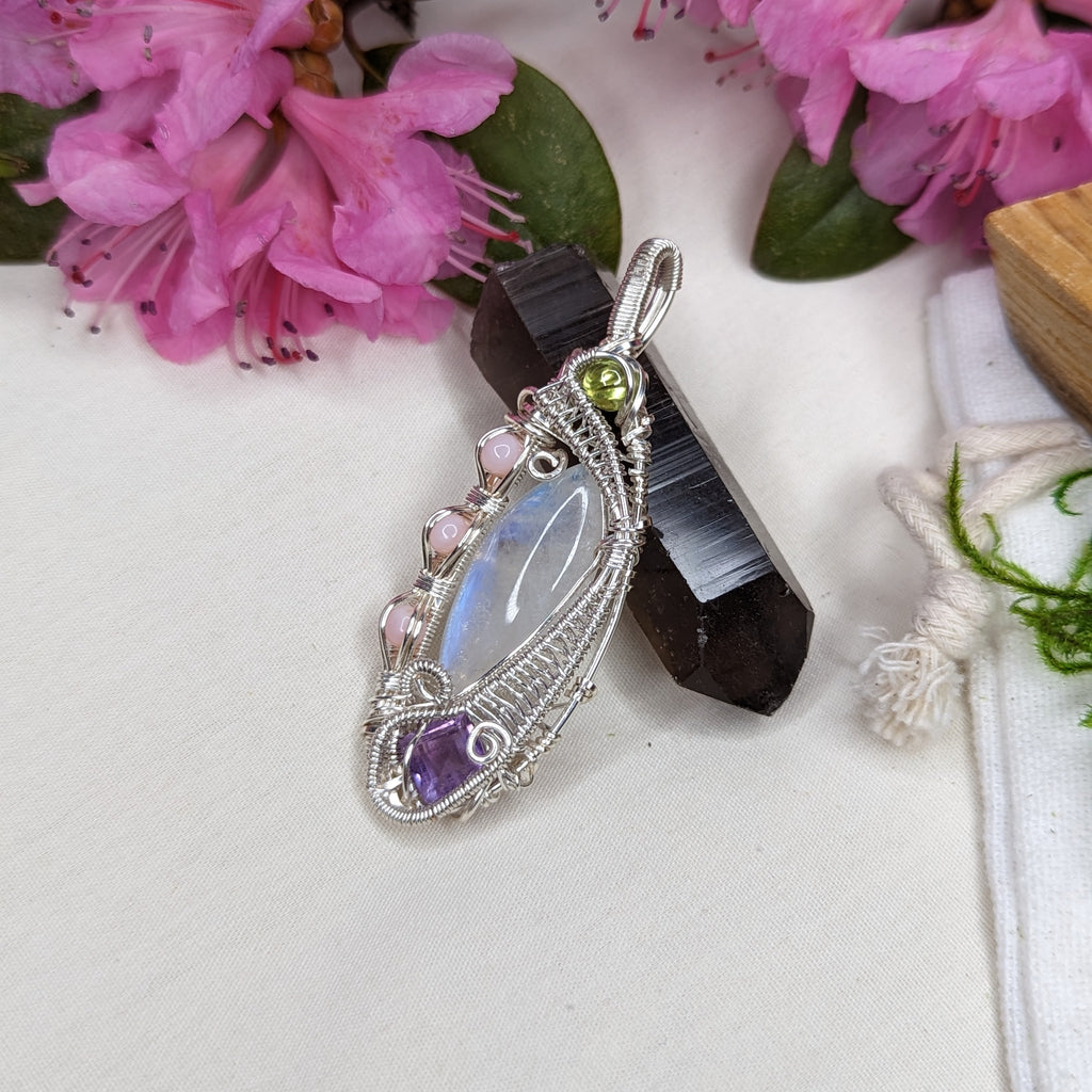 Gorgeous Moonstone Pendant with Peridot, Amethyst and Pink Opal ~ Wire Wrapped ~ Includes Silver Chain - Earth Family Crystals