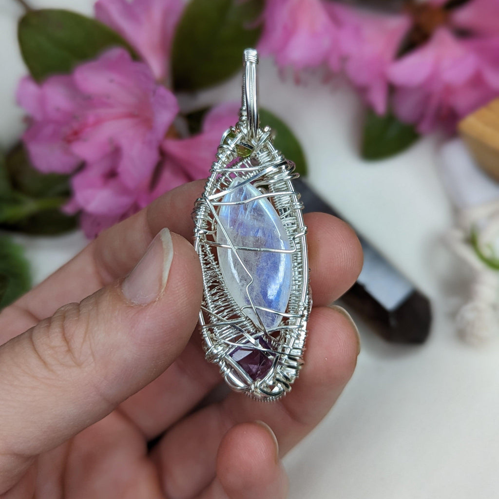 Gorgeous Moonstone Pendant with Peridot, Amethyst and Pink Opal ~ Wire Wrapped ~ Includes Silver Chain - Earth Family Crystals