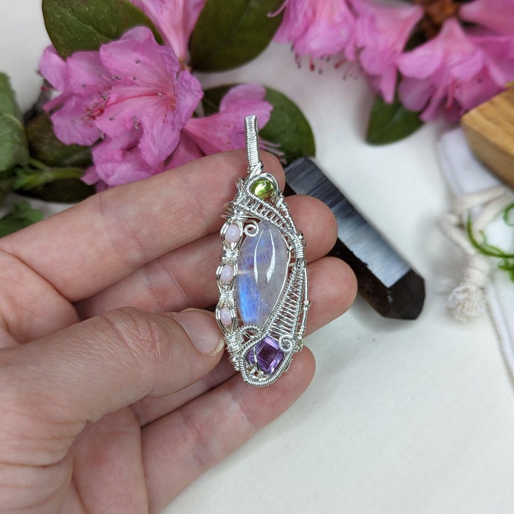 Gorgeous Moonstone Pendant with Peridot, Amethyst and Pink Opal ~ Wire Wrapped ~ Includes Silver Chain - Earth Family Crystals