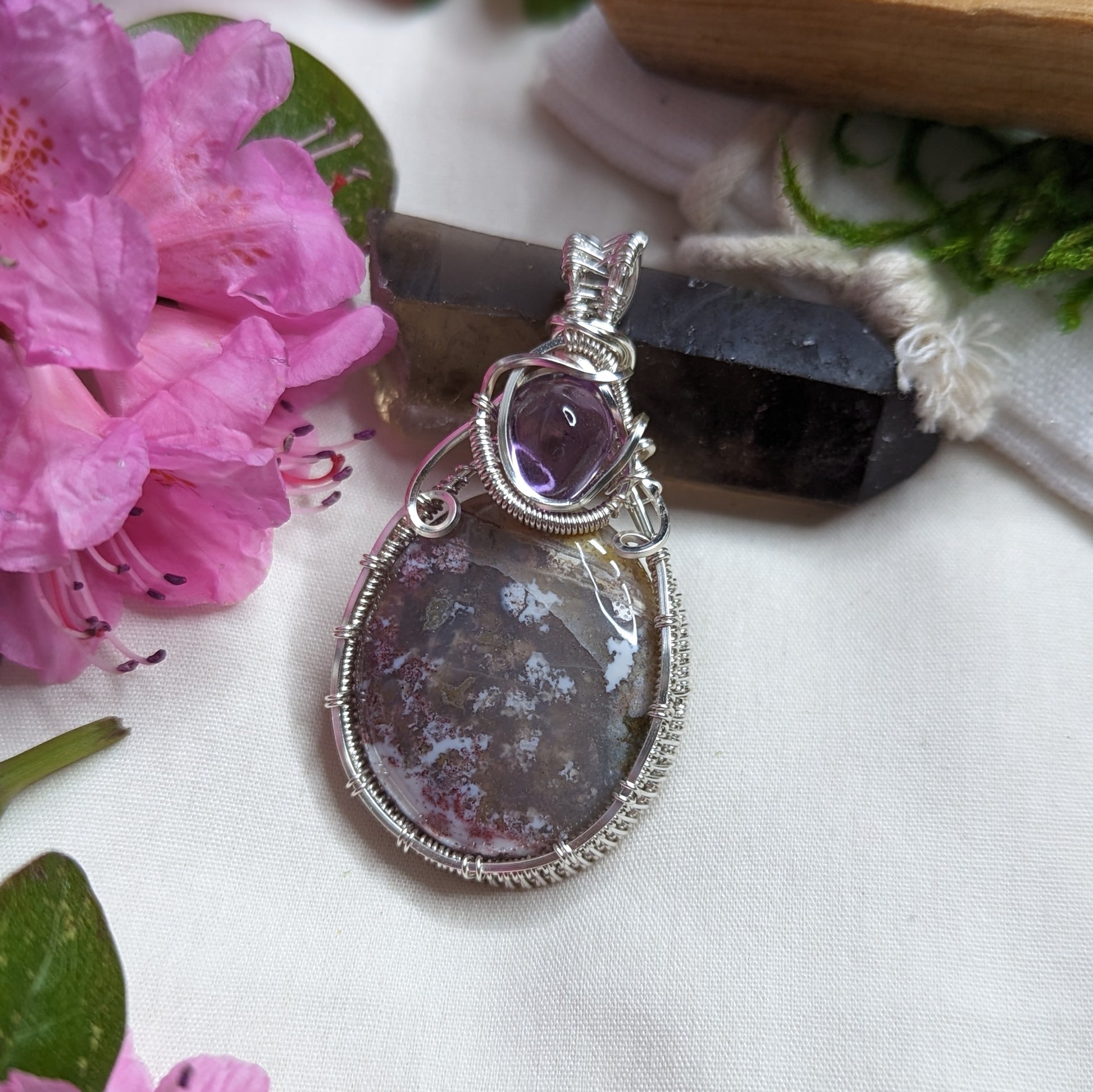 Scenic Moss Agate Pendant~ Wire Wrapped with Amethyst~ Includes Silver Chain - Earth Family Crystals