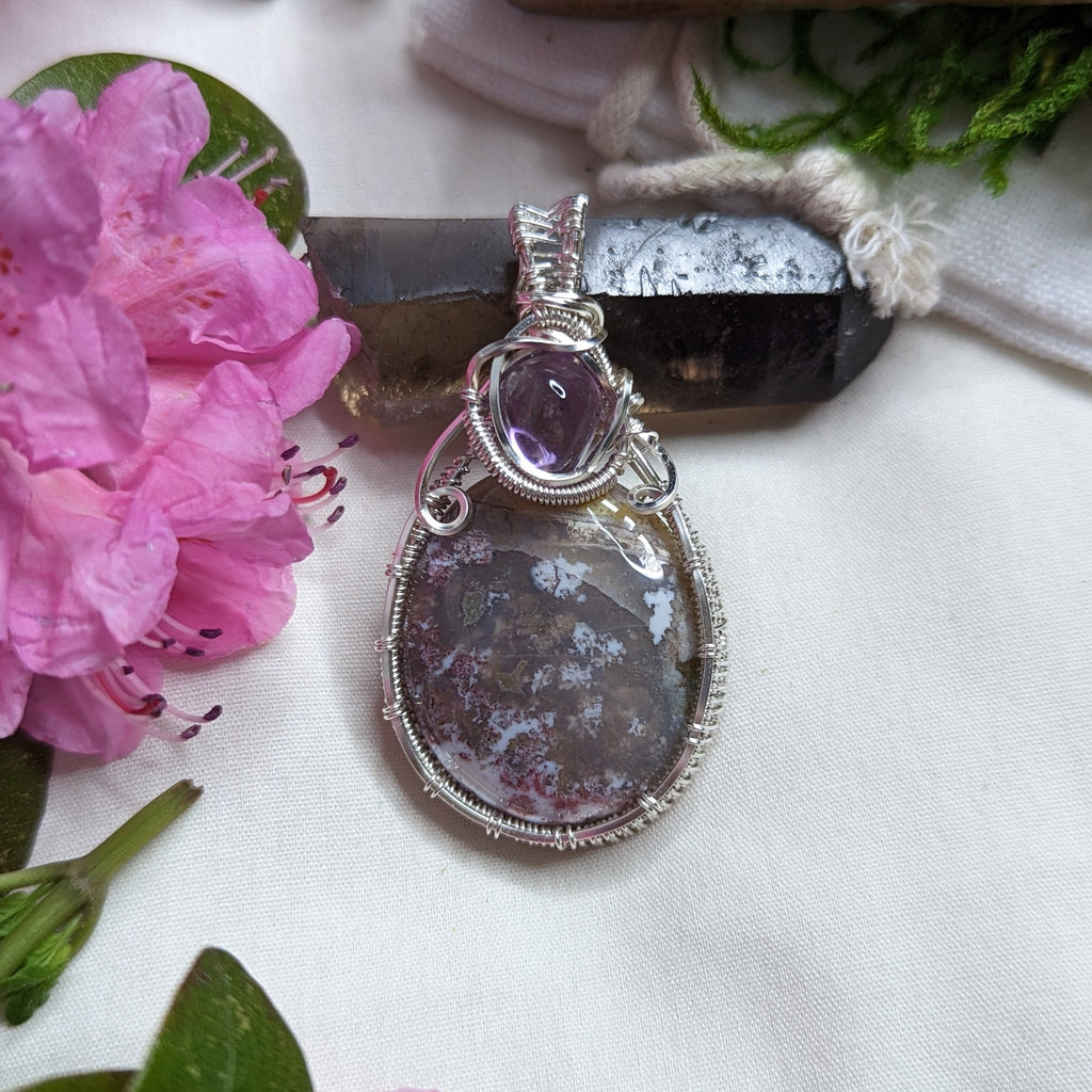 Scenic Moss Agate Pendant~ Wire Wrapped with Amethyst~ Includes Silver Chain - Earth Family Crystals