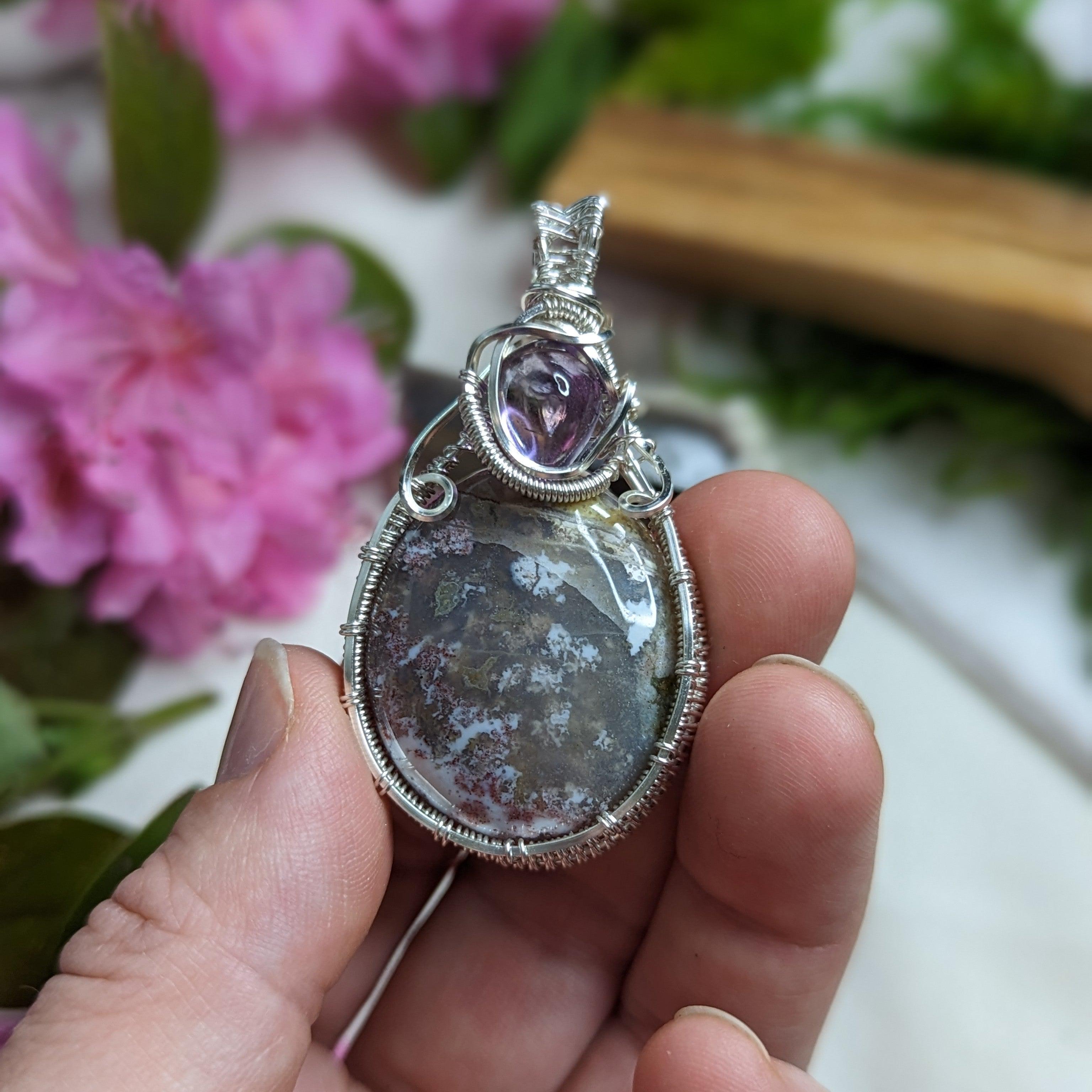 Scenic Moss Agate Pendant~ Wire Wrapped with Amethyst~ Includes Silver Chain - Earth Family Crystals