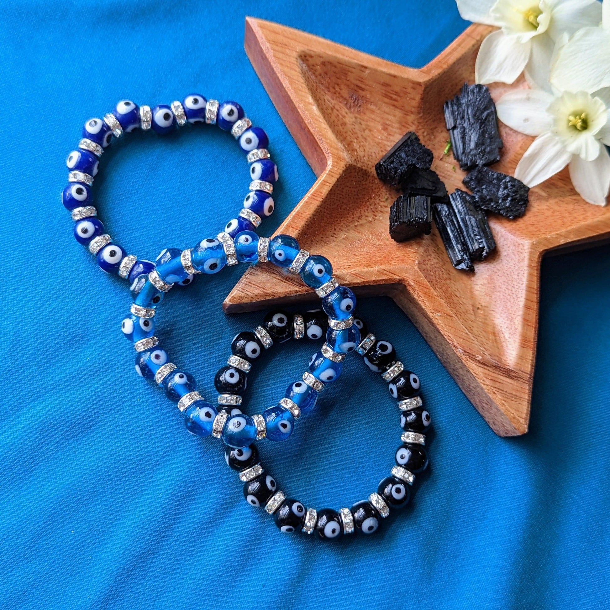 Glass Bead Evil Eye Stretch Bracelet ~ Available in 3 colors - Earth Family Crystals