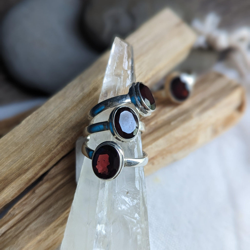 Faceted Red Garnet Ring in Sterling Silver Setting - Earth Family Crystals
