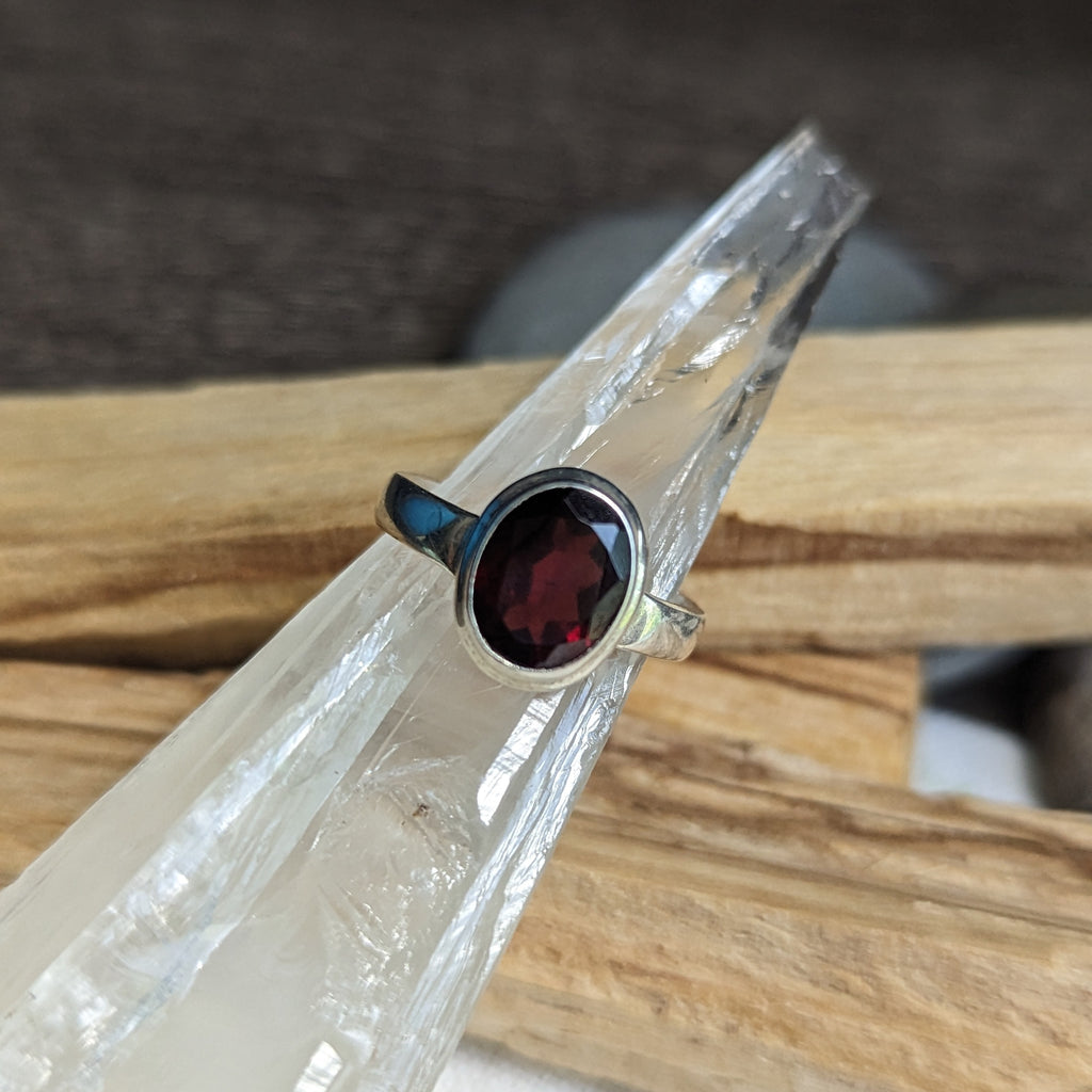 Faceted Red Garnet Ring in Sterling Silver Setting - Earth Family Crystals