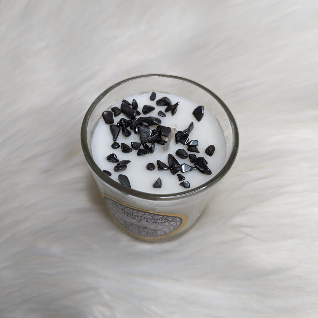 Grounding or Protective Soy Candle Infused with Black Tourmaline and Vetiver, Hematite and Sandalwood - Earth Family Crystals