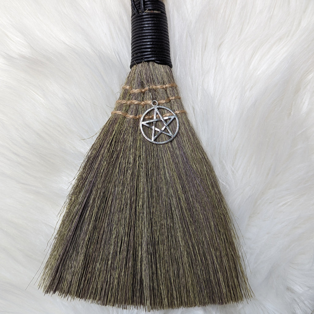 Wicca Broom ~ Evil Eye with Hamsa Charm or Pentacle Charm - Earth Family Crystals