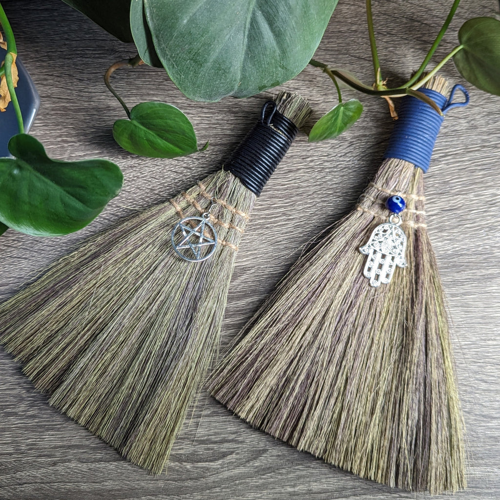 Wicca Broom ~ Evil Eye with Hamsa Charm or Pentacle Charm - Earth Family Crystals