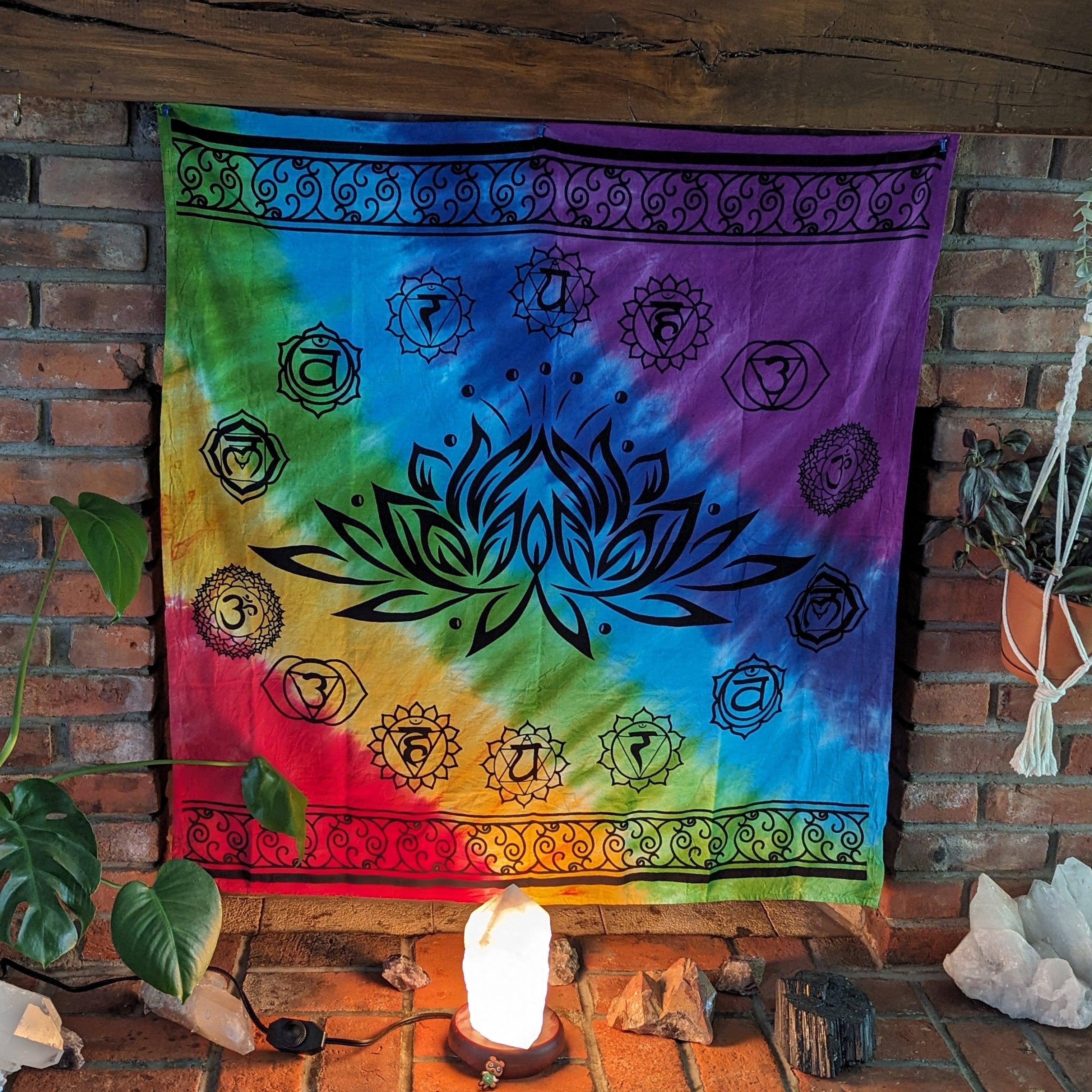 Cotton, Dyed Tapestry with Chakra Symbols - Earth Family Crystals