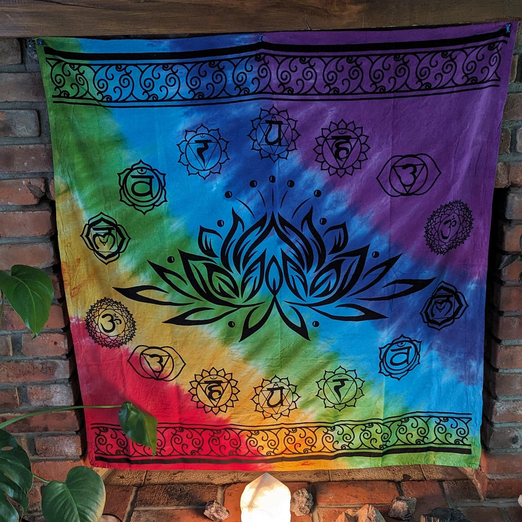 Cotton, Dyed Tapestry with Chakra Symbols - Earth Family Crystals