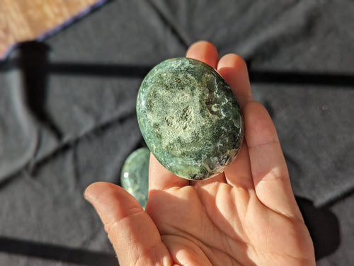 Green Prehnite Polished Stone with Epidote Inclusions